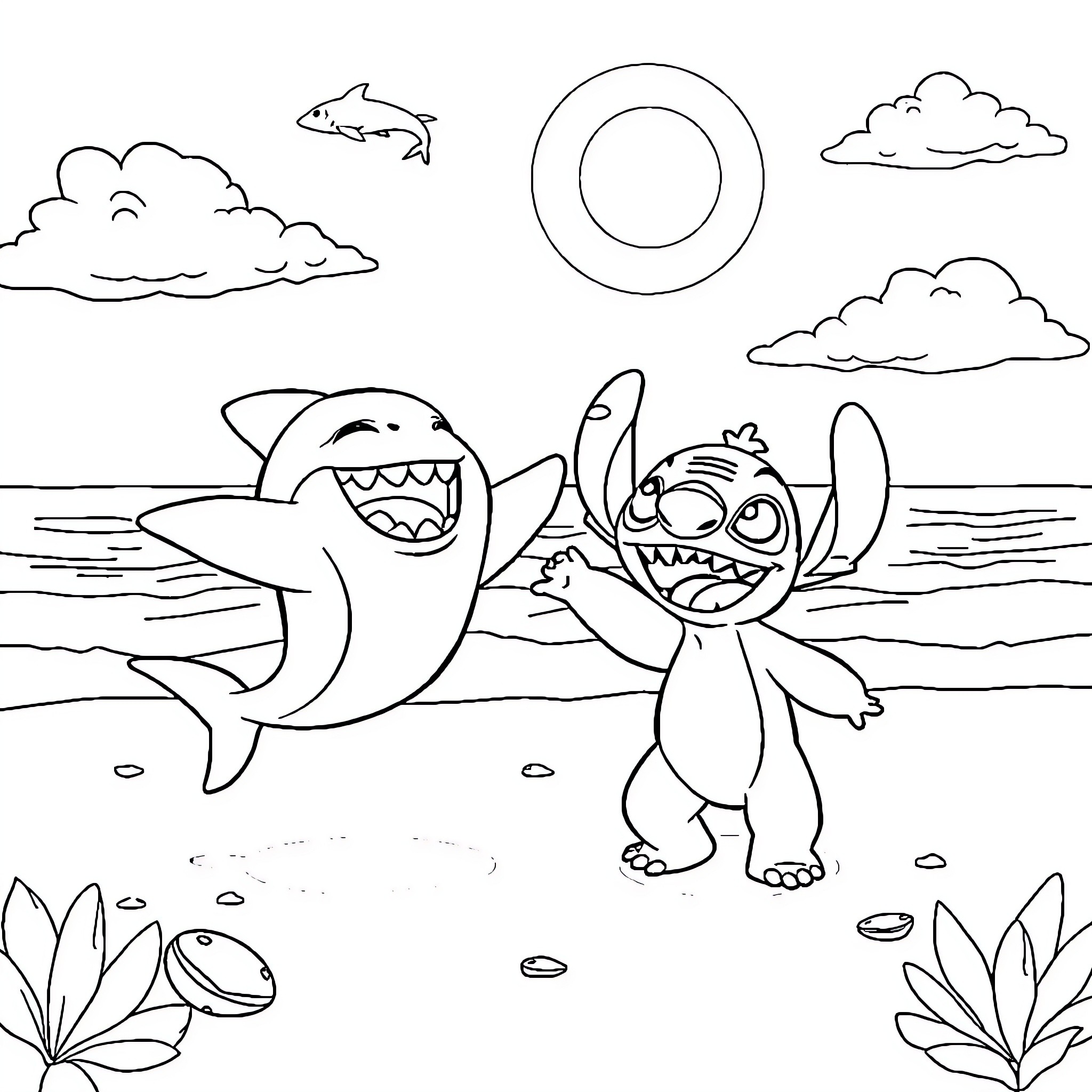 Shark and Stitch Playing in the Ocean Coloring Page (free black-and-white line drawing printable PDF for all, from beginners to advanced learners, including children, teens, adults, and seniors)