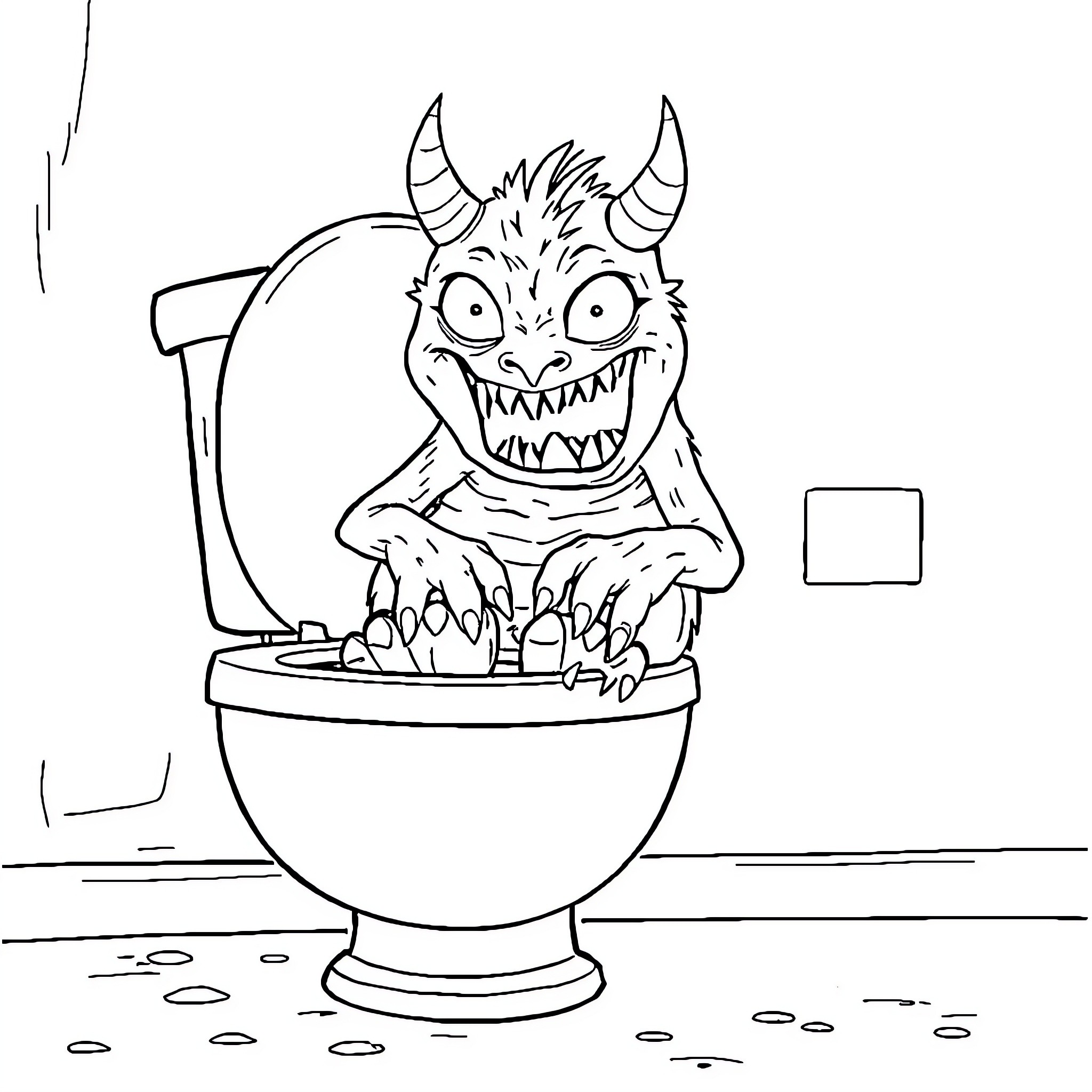 Monster sitting gleefully on the toilet Coloring Page (free black-and-white line drawing printable PDF for all, from beginners to advanced learners, including children, teens, adults, and seniors)