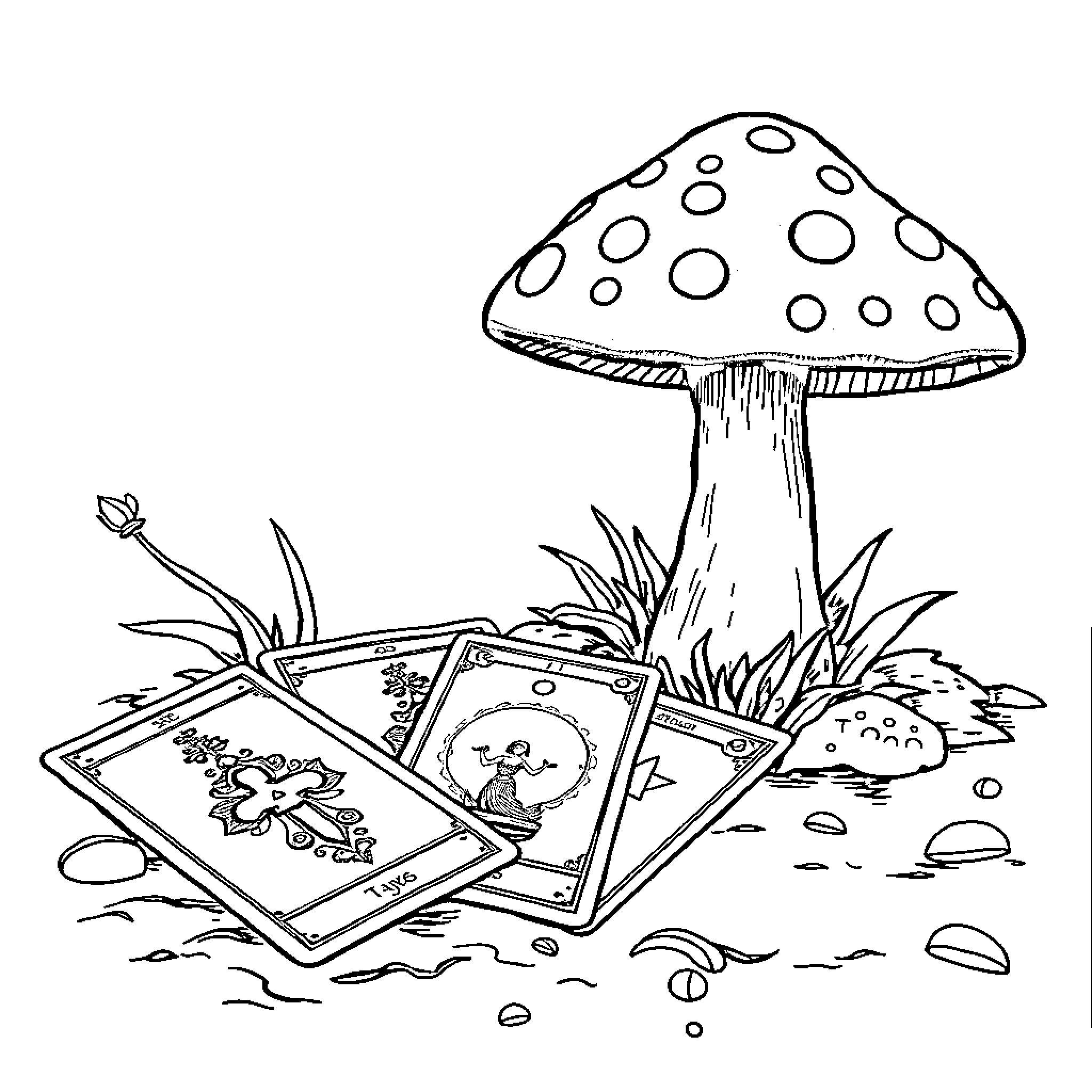 Mushroom-themed tarot cards in the forest Coloring Page (free black-and-white line drawing printable PDF for all, from beginners to advanced learners, including children, teens, adults, and seniors)