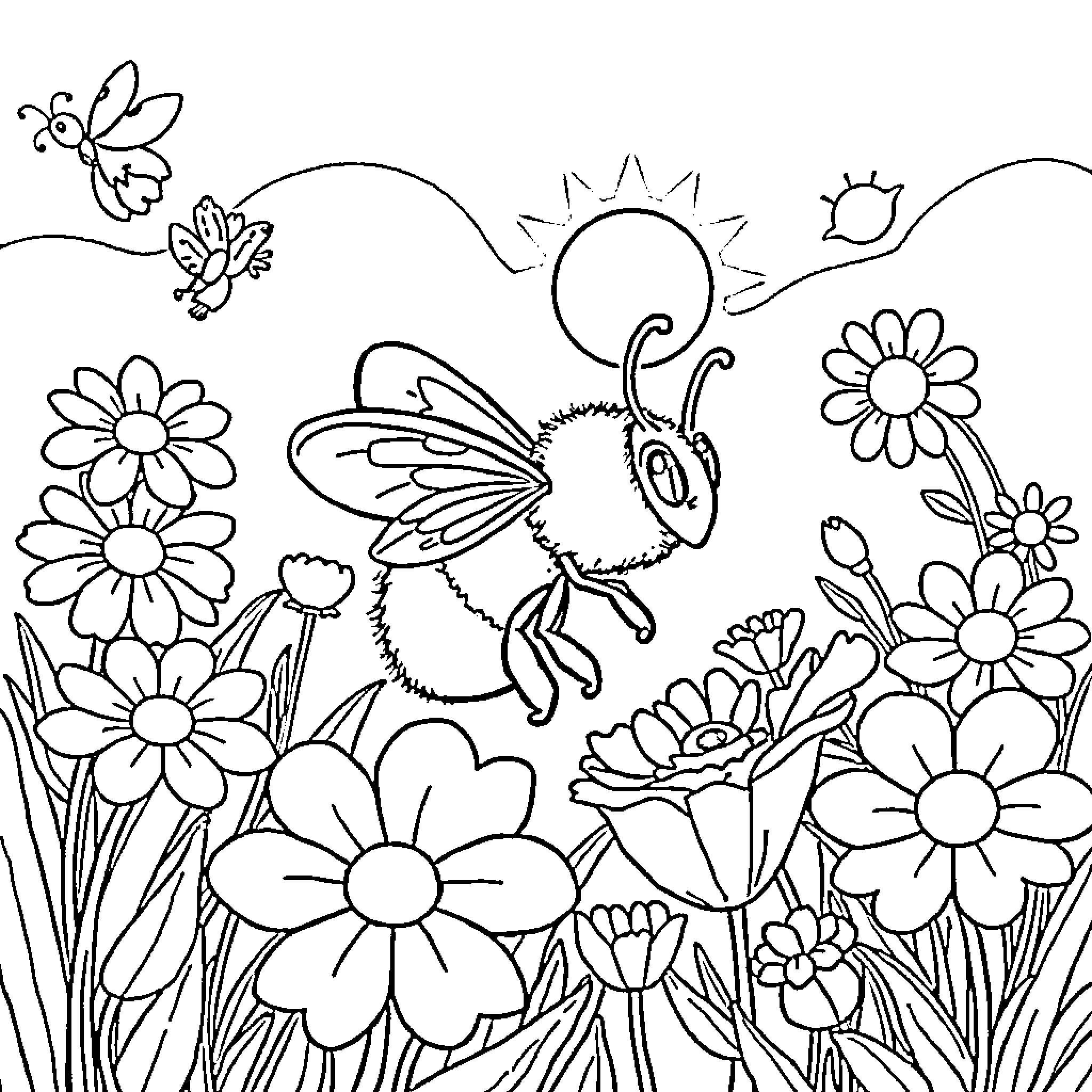 Bee dancing amongst vibrant flowers Coloring Page (free black-and-white line drawing printable PDF for all, from beginners to advanced learners, including children, teens, adults, and seniors)