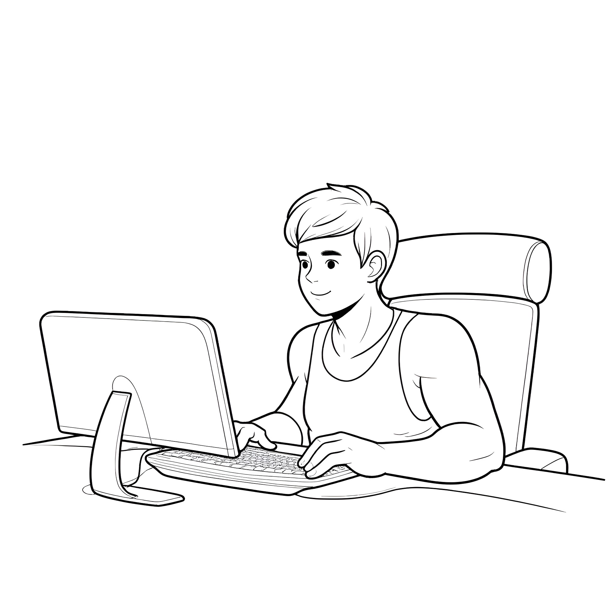 Gamer focuses intently on computer screen Coloring Page (free black-and-white line drawing printable PDF for all, from beginners to advanced learners, including children, teens, adults, and seniors)