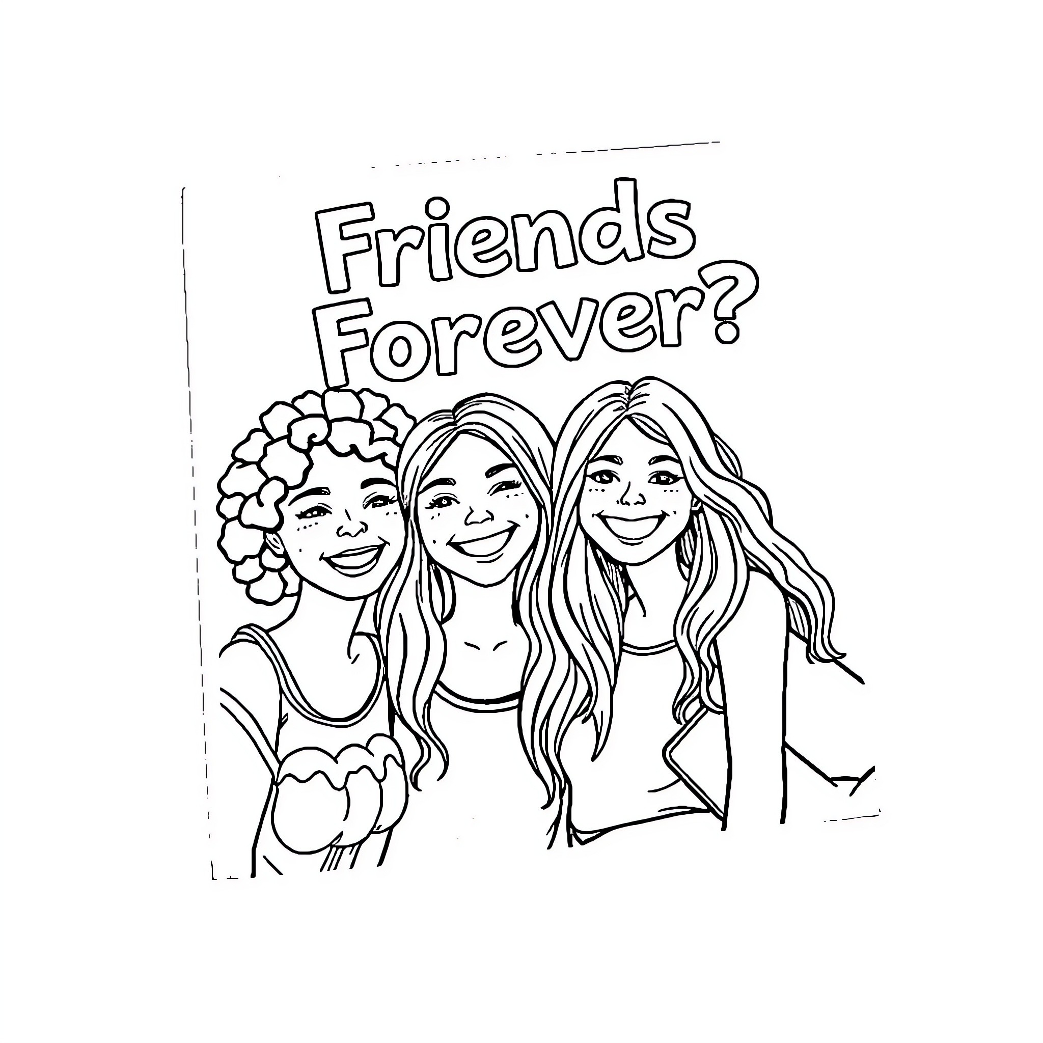 Friends Forever? Smiling Girls Coloring Page (free black-and-white line drawing printable PDF for all, from beginners to advanced learners, including children, teens, adults, and seniors)