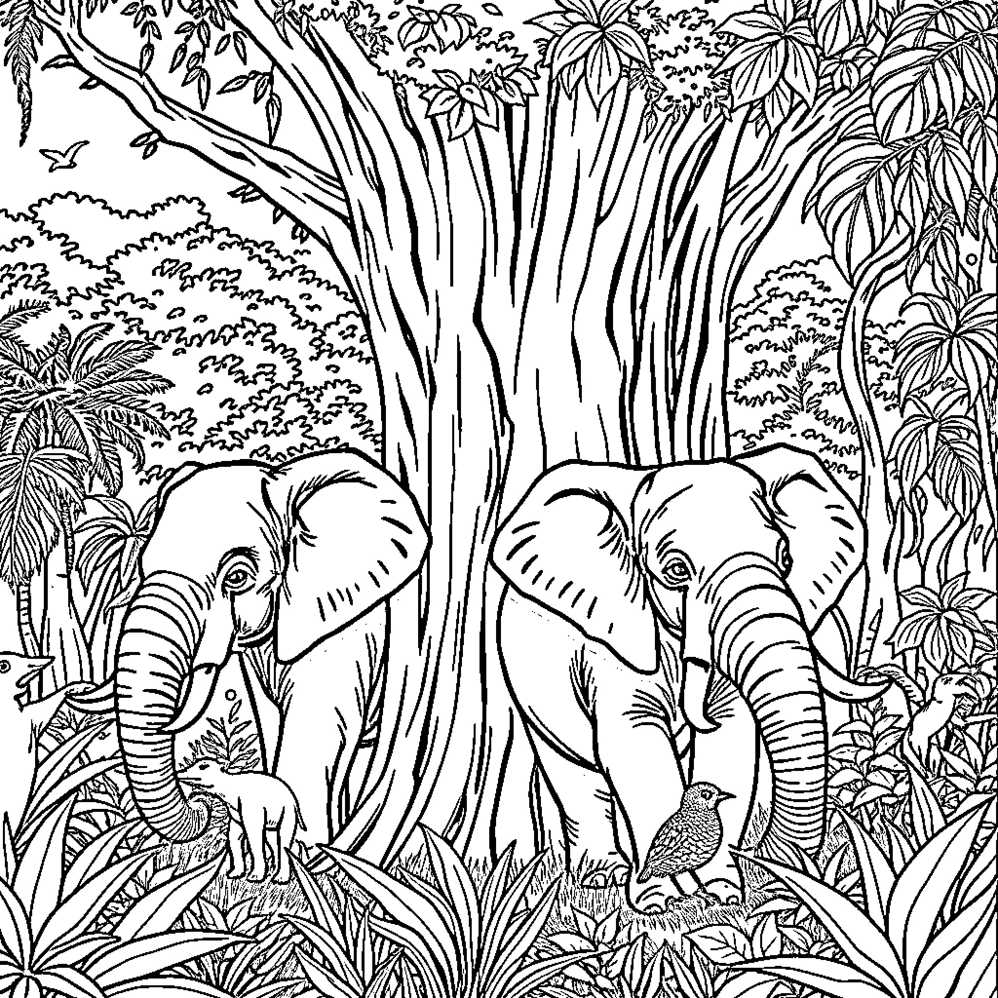 Elephant family in lush jungle landscape Coloring Page (free black-and-white line drawing printable PDF for all, from beginners to advanced learners, including children, teens, adults, and seniors)