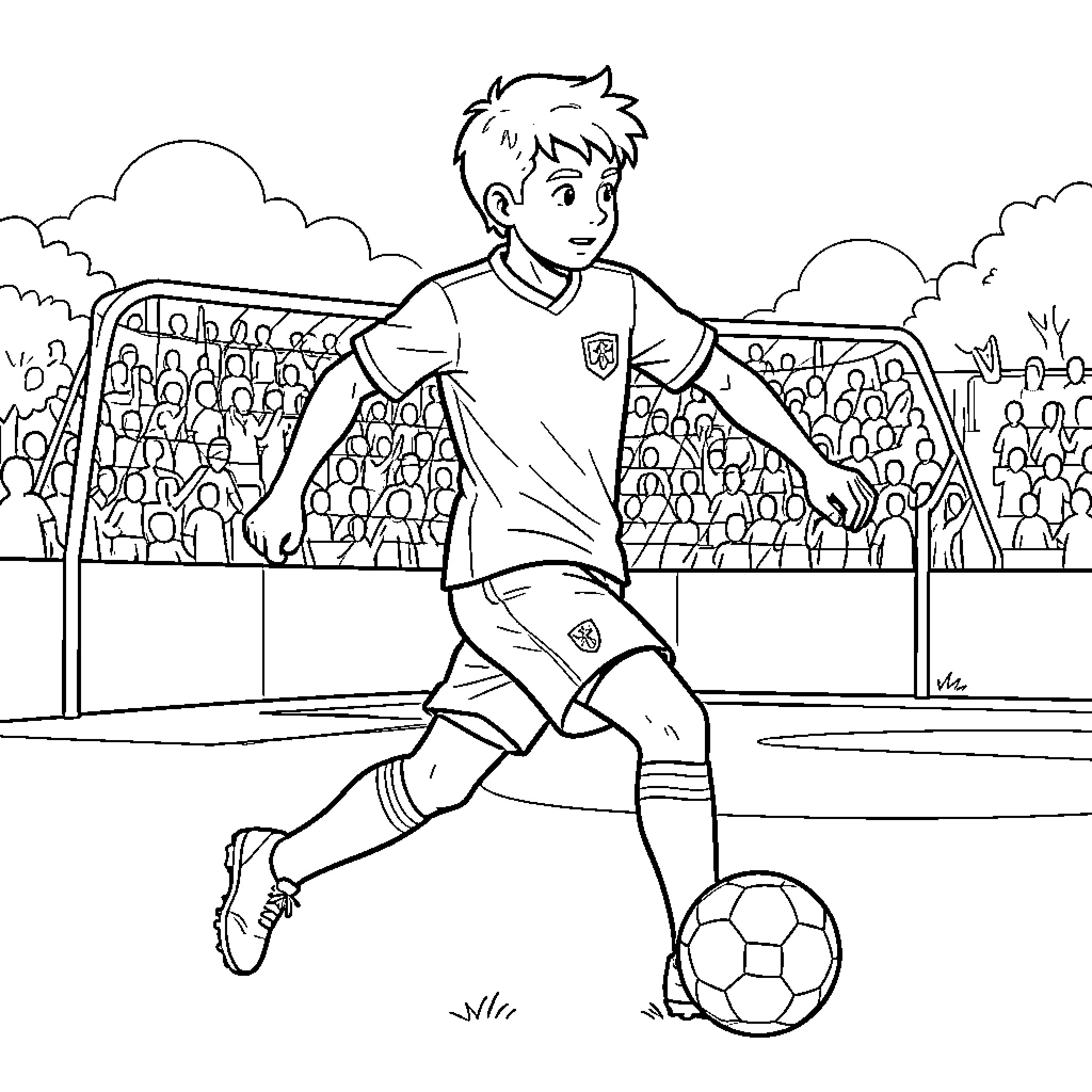 Moises Caciedo playing soccer in front of a crowd Coloring Page (free black-and-white line drawing printable PDF for all, from beginners to advanced learners, including children, teens, adults, and seniors)