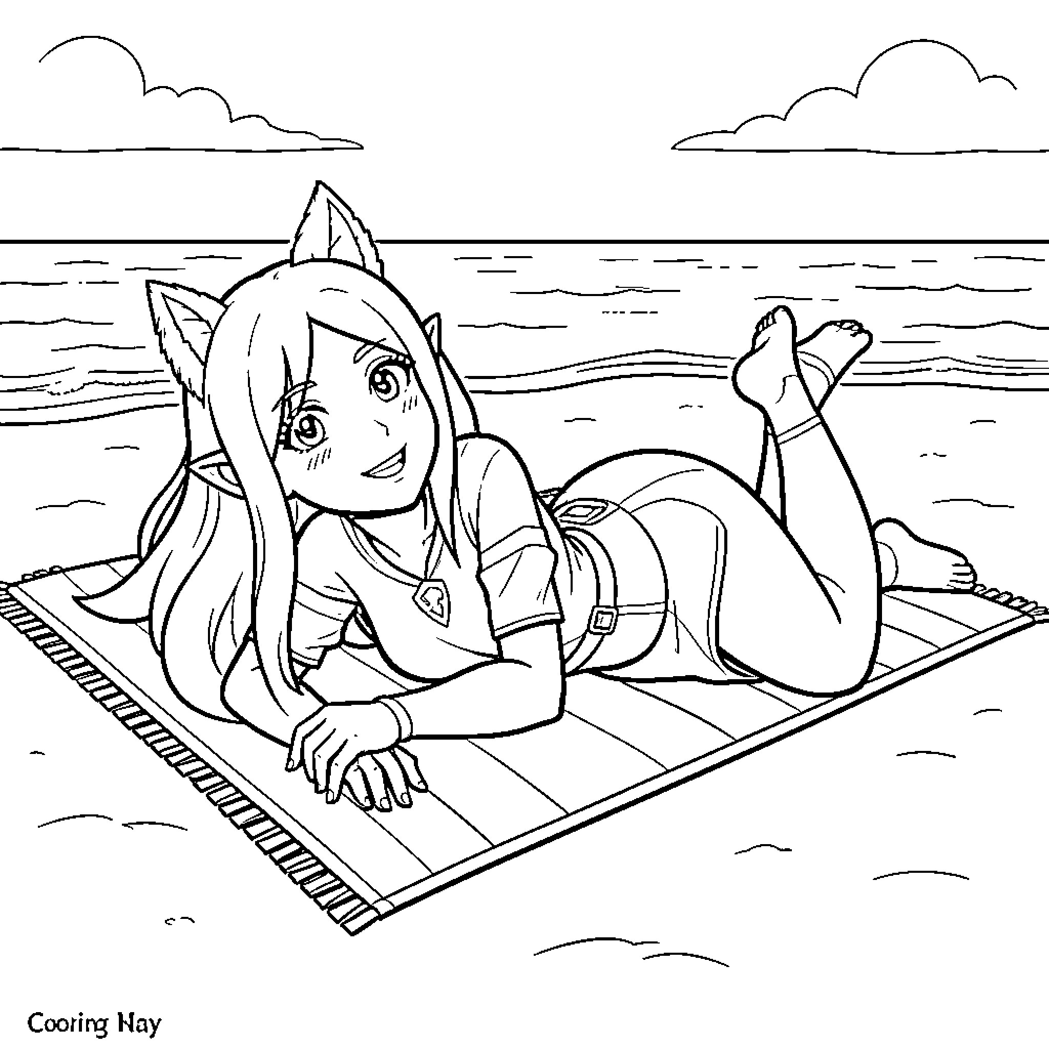 Nayru relaxing on a beach towel by the ocean Coloring Page (free black-and-white line drawing printable PDF for all, from beginners to advanced learners, including children, teens, adults, and seniors)