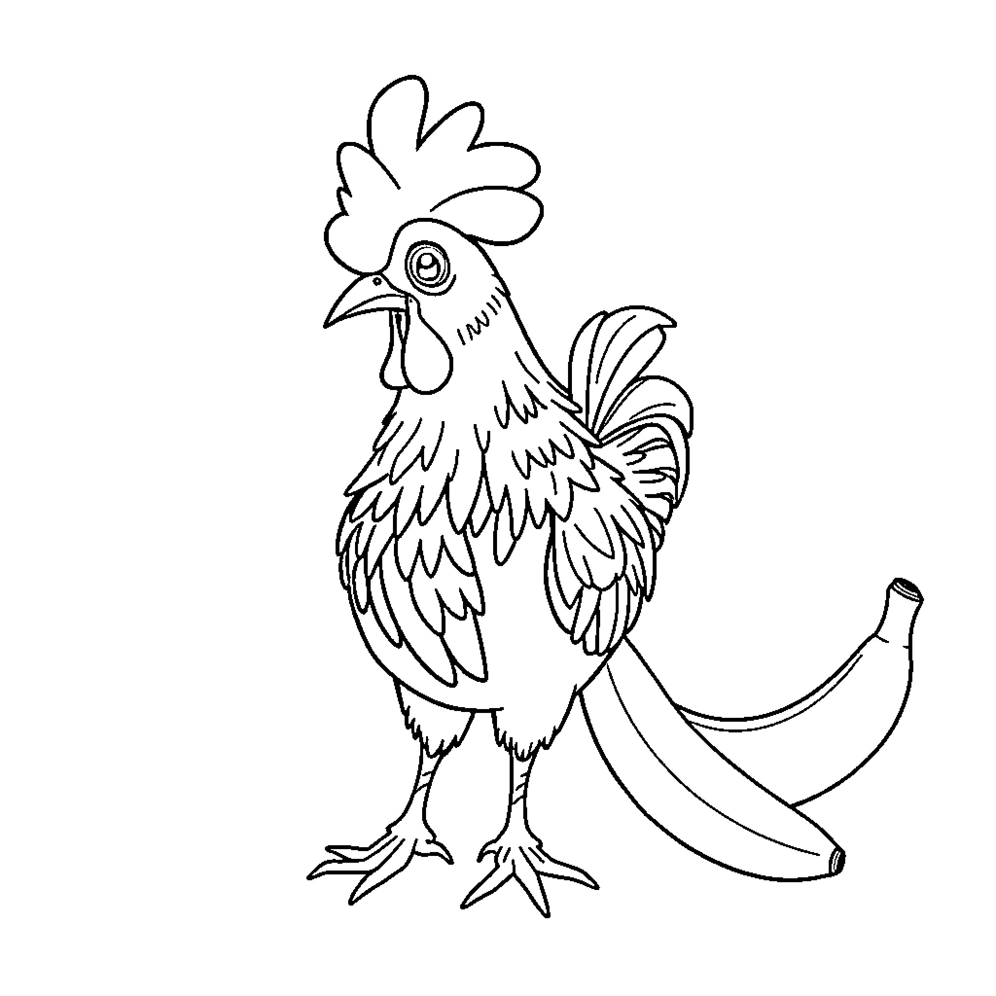 Chicken standing beside a banana Coloring Page (free black-and-white line drawing printable PDF for all, from beginners to advanced learners, including children, teens, adults, and seniors)