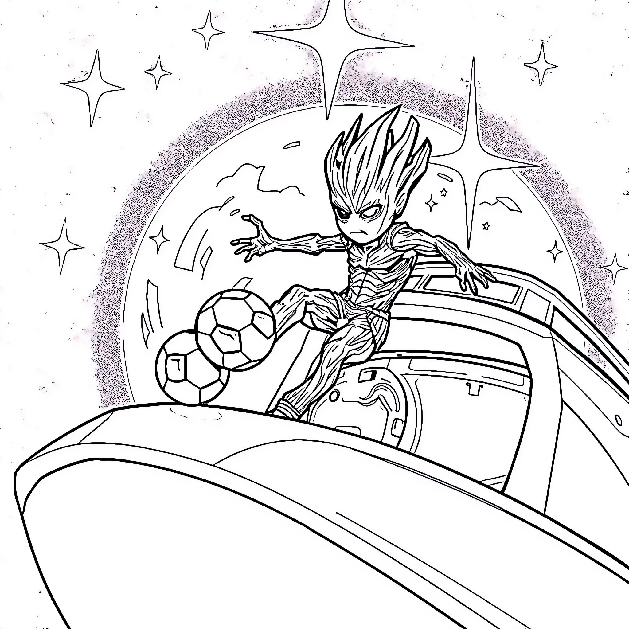 Groot playing football in a starry night Coloring Page (free black-and-white line drawing printable PDF for all, from beginners to advanced learners, including children, teens, adults, and seniors)