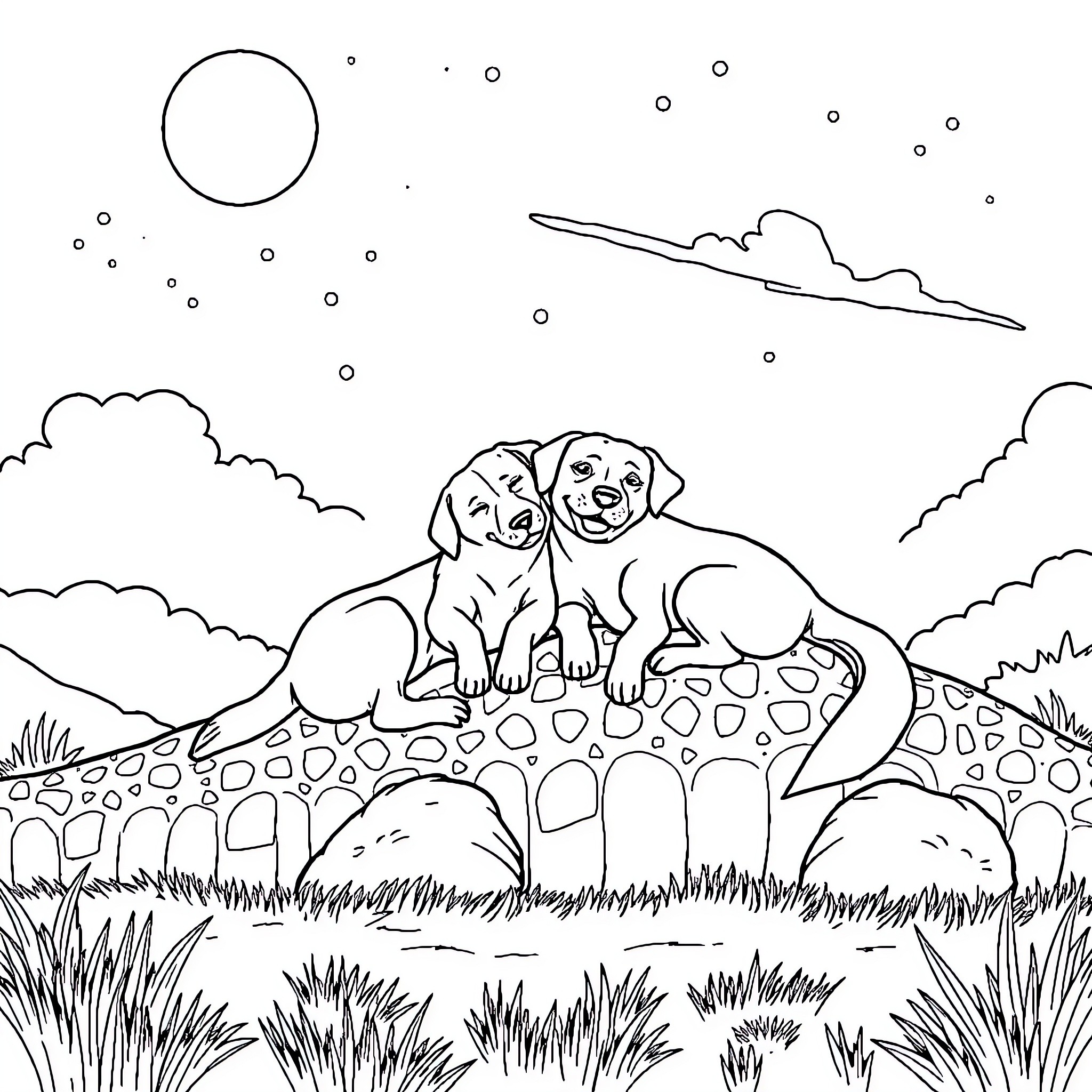 Dog playing happily in a scenic meadow Coloring Page (free black-and-white line drawing printable PDF for all, from beginners to advanced learners, including children, teens, adults, and seniors)