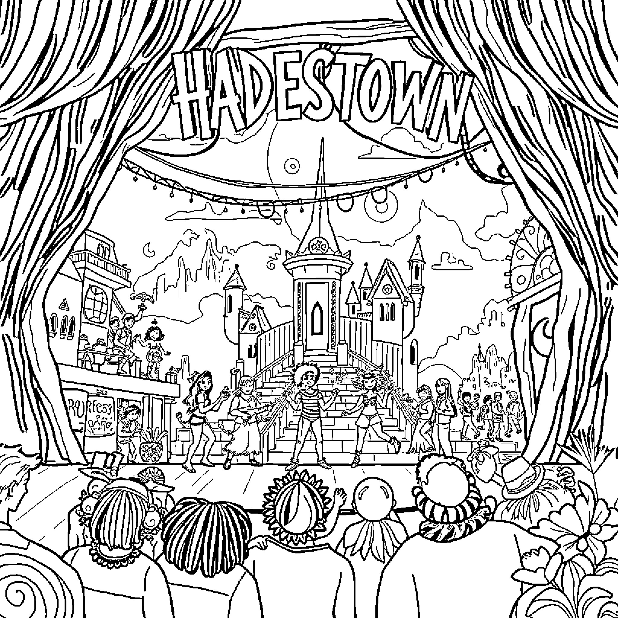 Hadestown: People in theatrical costumes and stage setting Coloring Page (free black-and-white line drawing printable PDF for all, from beginners to advanced learners, including children, teens, adults, and seniors)