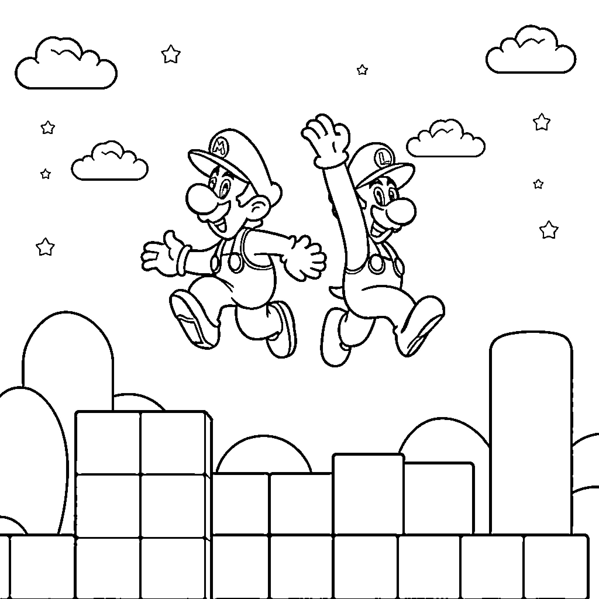 Mario and Luigi jumping with joy in the city Coloring Page (free black-and-white line drawing printable PDF for all, from beginners to advanced learners, including children, teens, adults, and seniors)
