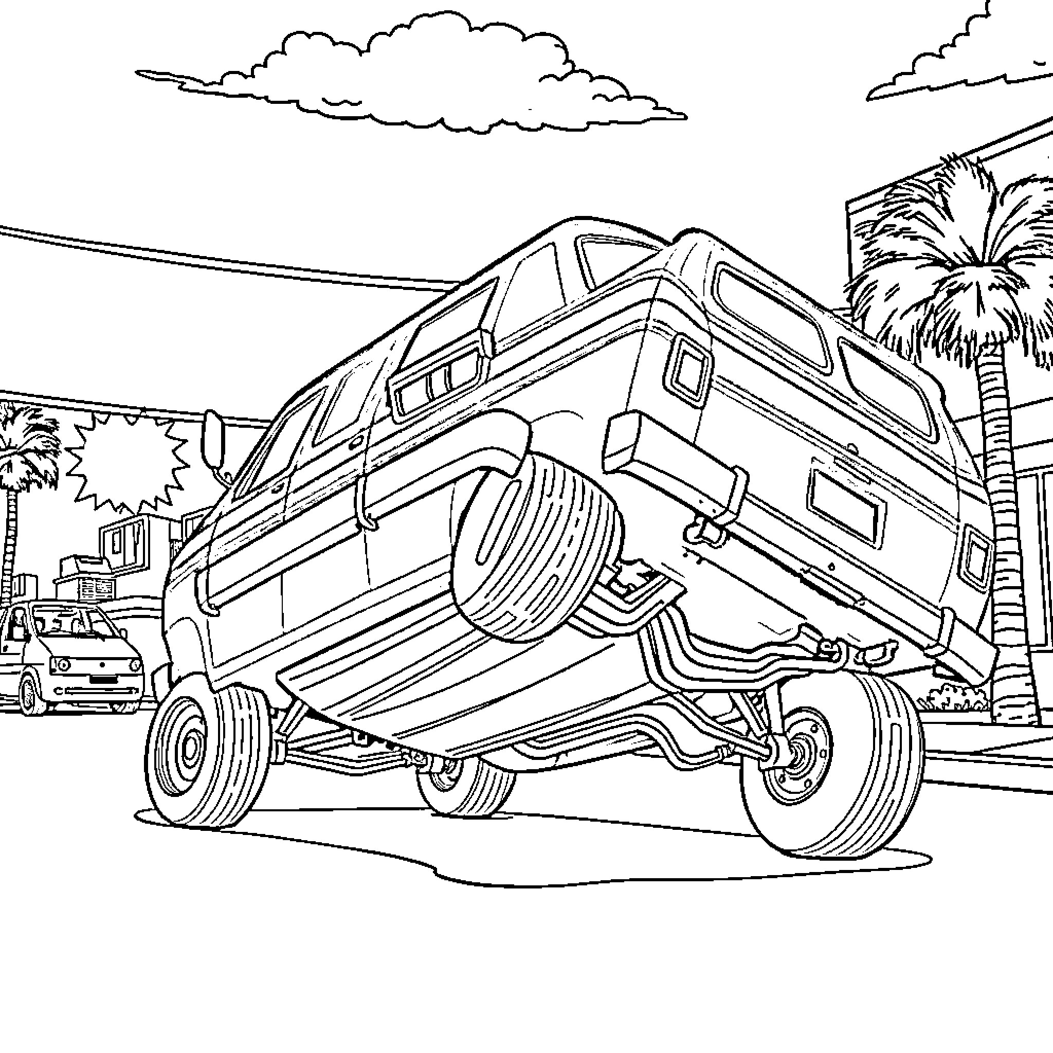 Hot Rod Lowrider Cruising the Streets Coloring Page (free black-and-white line drawing printable PDF for all, from beginners to advanced learners, including children, teens, adults, and seniors)