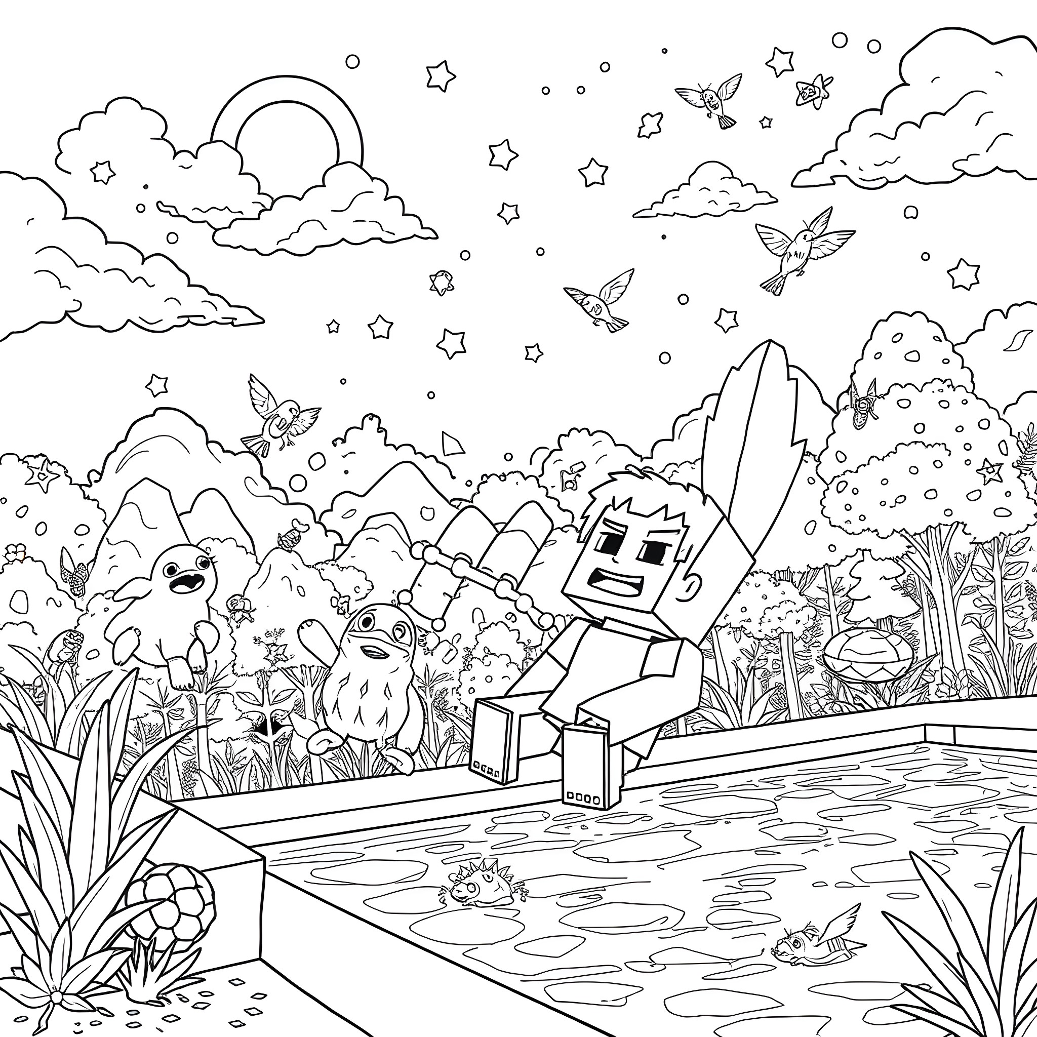 Steve's Magical Adventure in the Fantasy Landscape Coloring Page (free black-and-white line drawing printable PDF for all, from beginners to advanced learners, including children, teens, adults, and seniors)