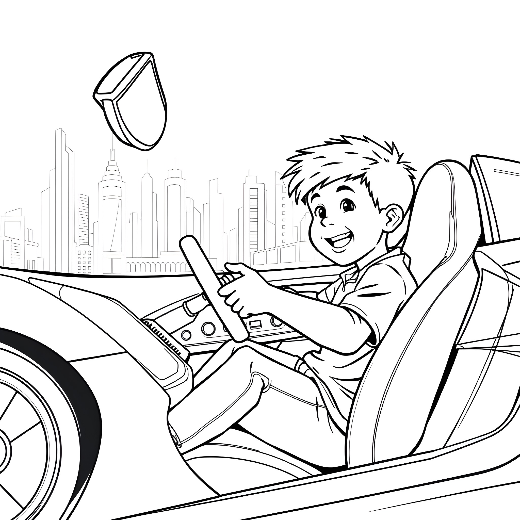 Boy driving a sports car in the city Coloring Page (free black-and-white line drawing printable PDF for all, from beginners to advanced learners, including children, teens, adults, and seniors)
