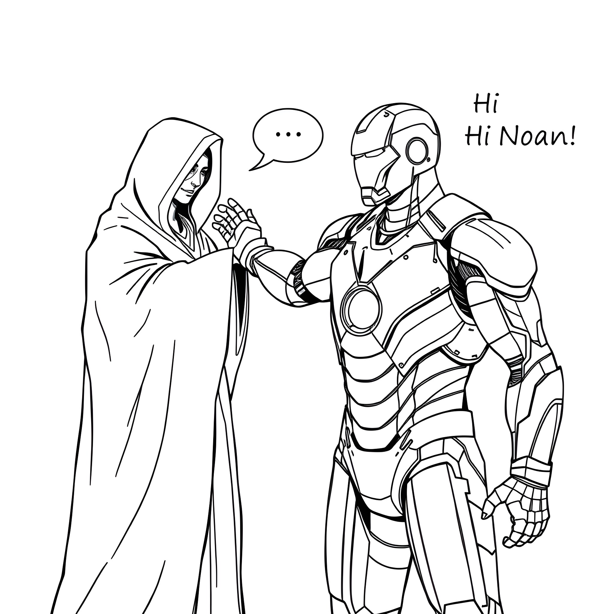 Iron Man greeting mysterious hooded figure Coloring Page (free black-and-white line drawing printable PDF for all, from beginners to advanced learners, including children, teens, adults, and seniors)