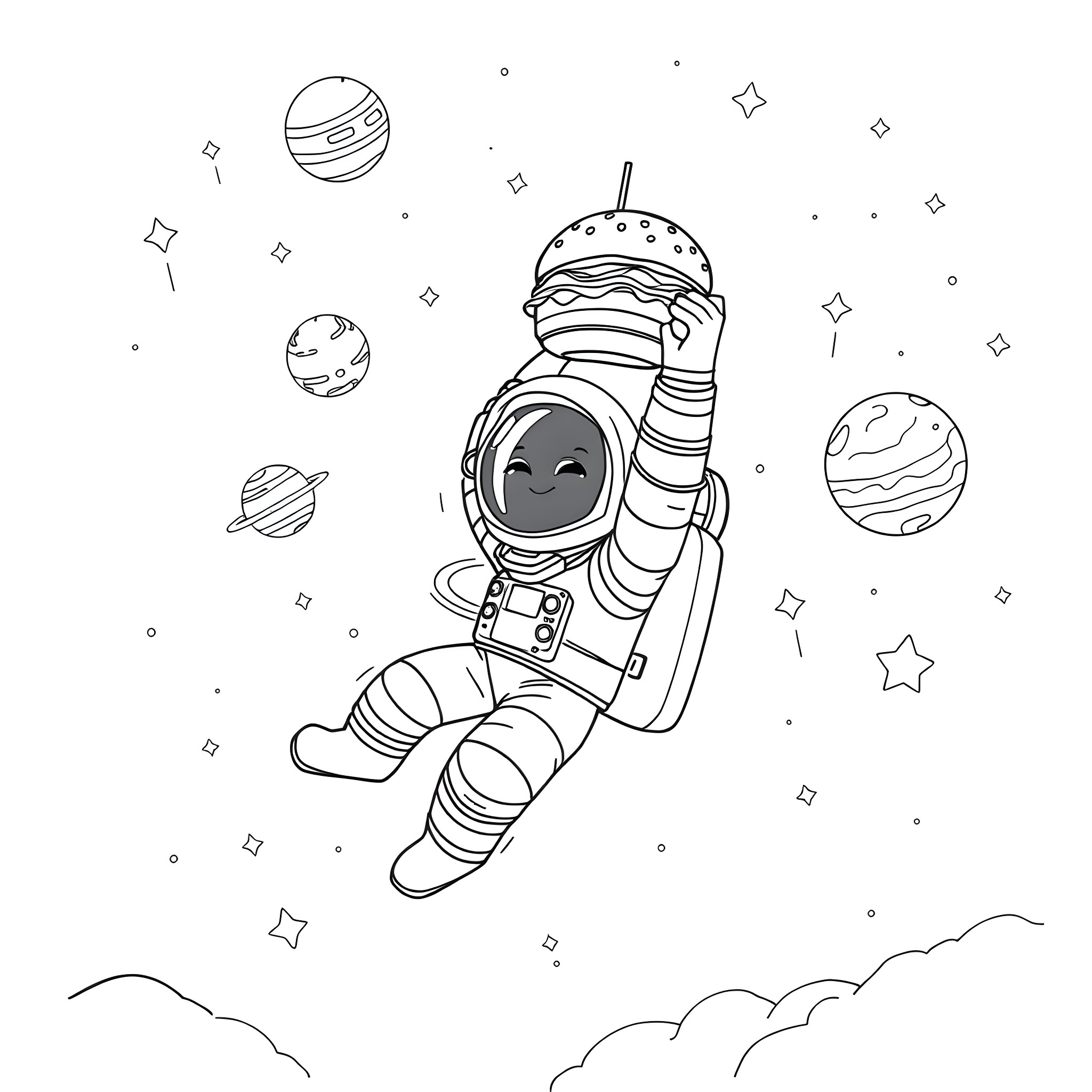 Hamburger-shaped astronaut exploring outer space Coloring Page (free black-and-white line drawing printable PDF for all, from beginners to advanced learners, including children, teens, adults, and seniors)