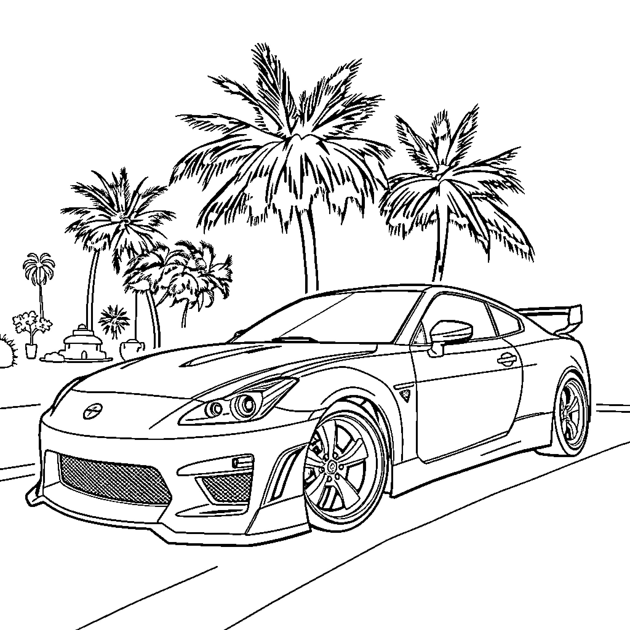 Car on tropical beach with palm trees Coloring Page (free black-and-white line drawing printable PDF for all, from beginners to advanced learners, including children, teens, adults, and seniors)
