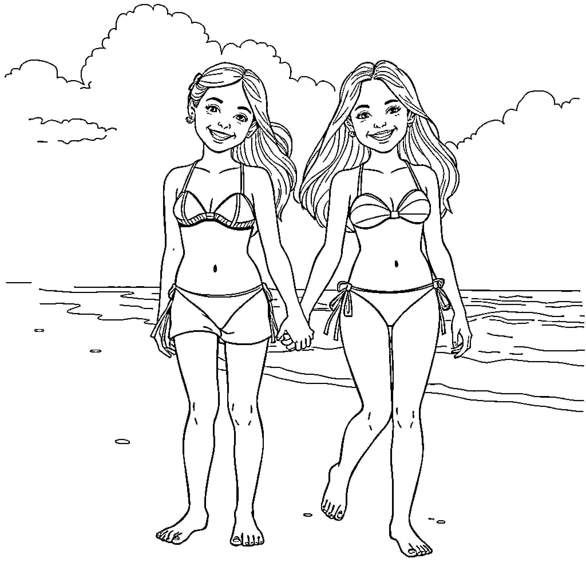 Girls enjoying a day at the beach Coloring Page (free black-and-white line drawing printable PDF for all, from beginners to advanced learners, including children, teens, adults, and seniors)