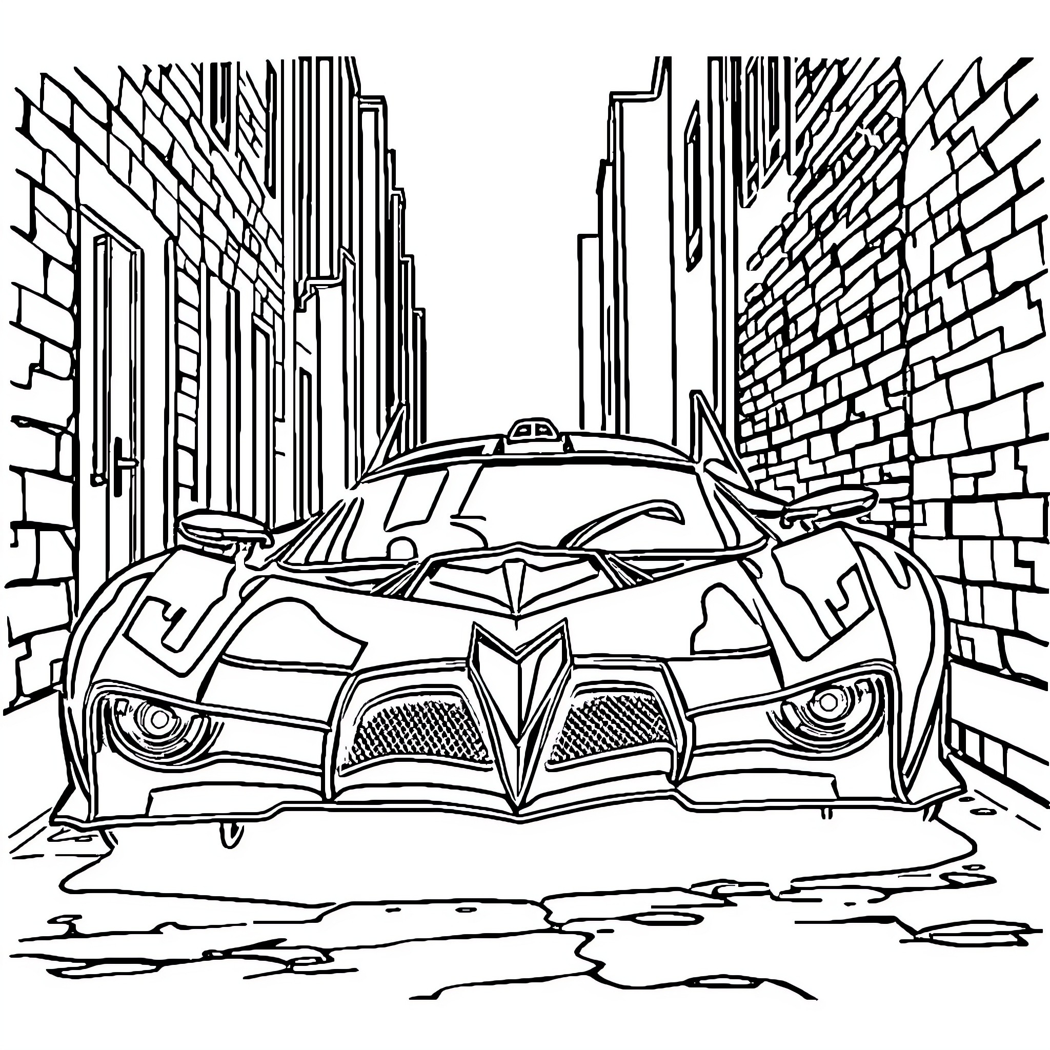 Batmobile racing through the city Coloring Page (free black-and-white line drawing printable PDF for all, from beginners to advanced learners, including children, teens, adults, and seniors)