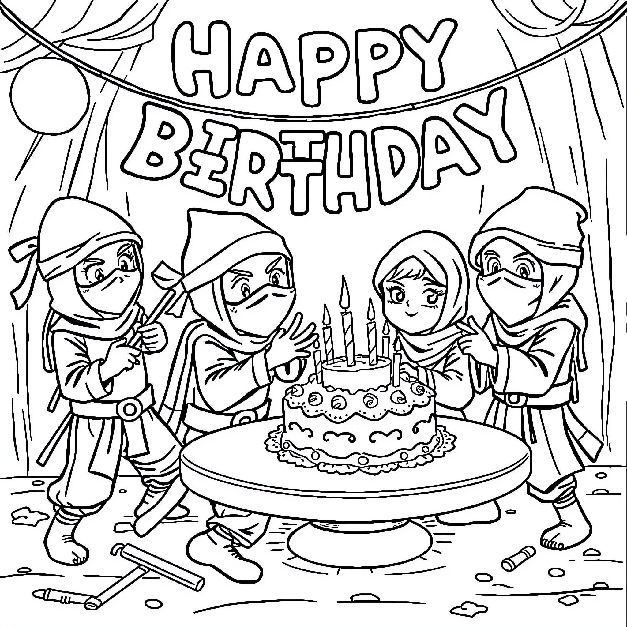 Ninja Warriors Celebrate Birthday with Cake Coloring Page (free black-and-white line drawing printable PDF for all, from beginners to advanced learners, including children, teens, adults, and seniors)