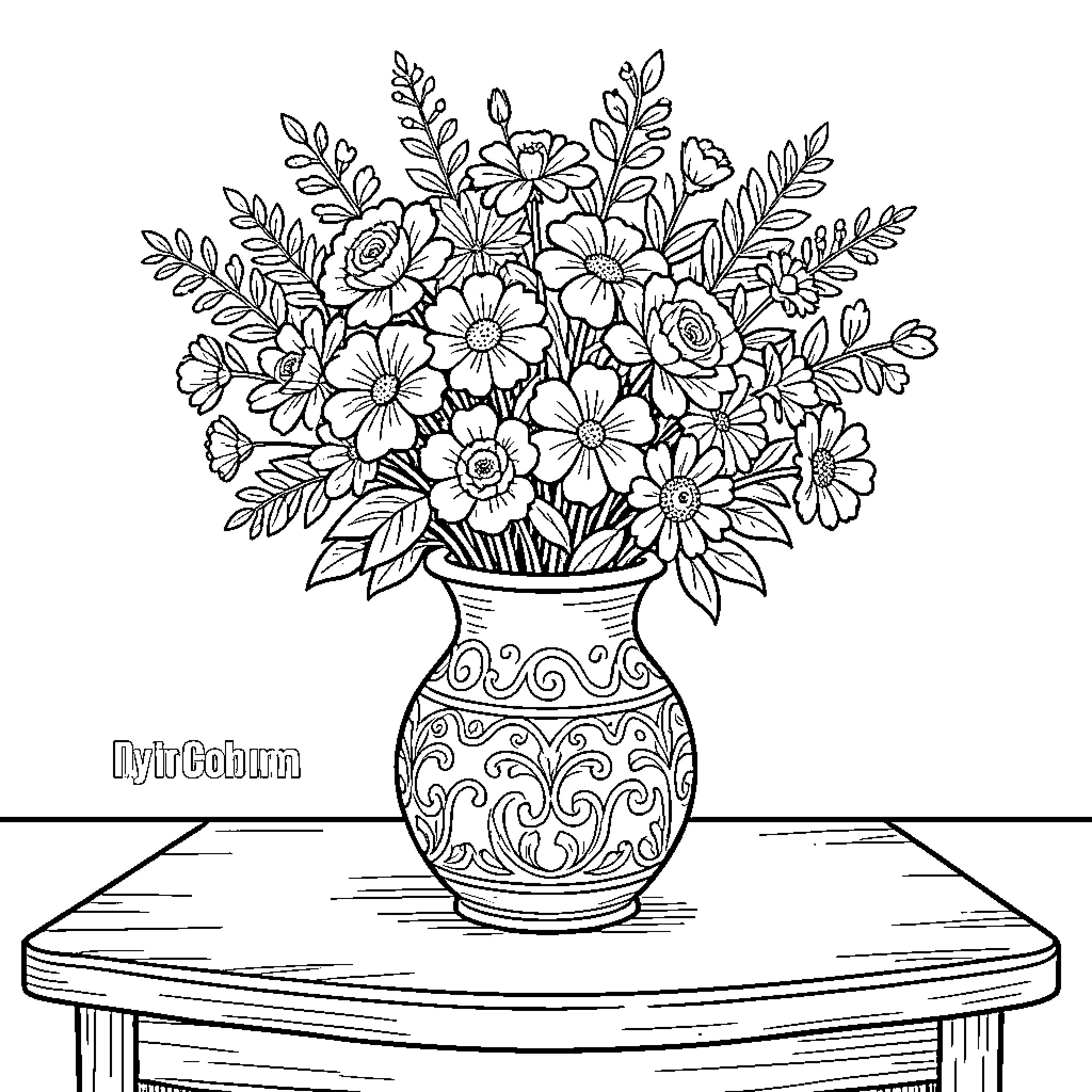 Flower bouquet arranged beautifully in an ornate vase Coloring Page (free black-and-white line drawing printable PDF for all, from beginners to advanced learners, including children, teens, adults, and seniors)