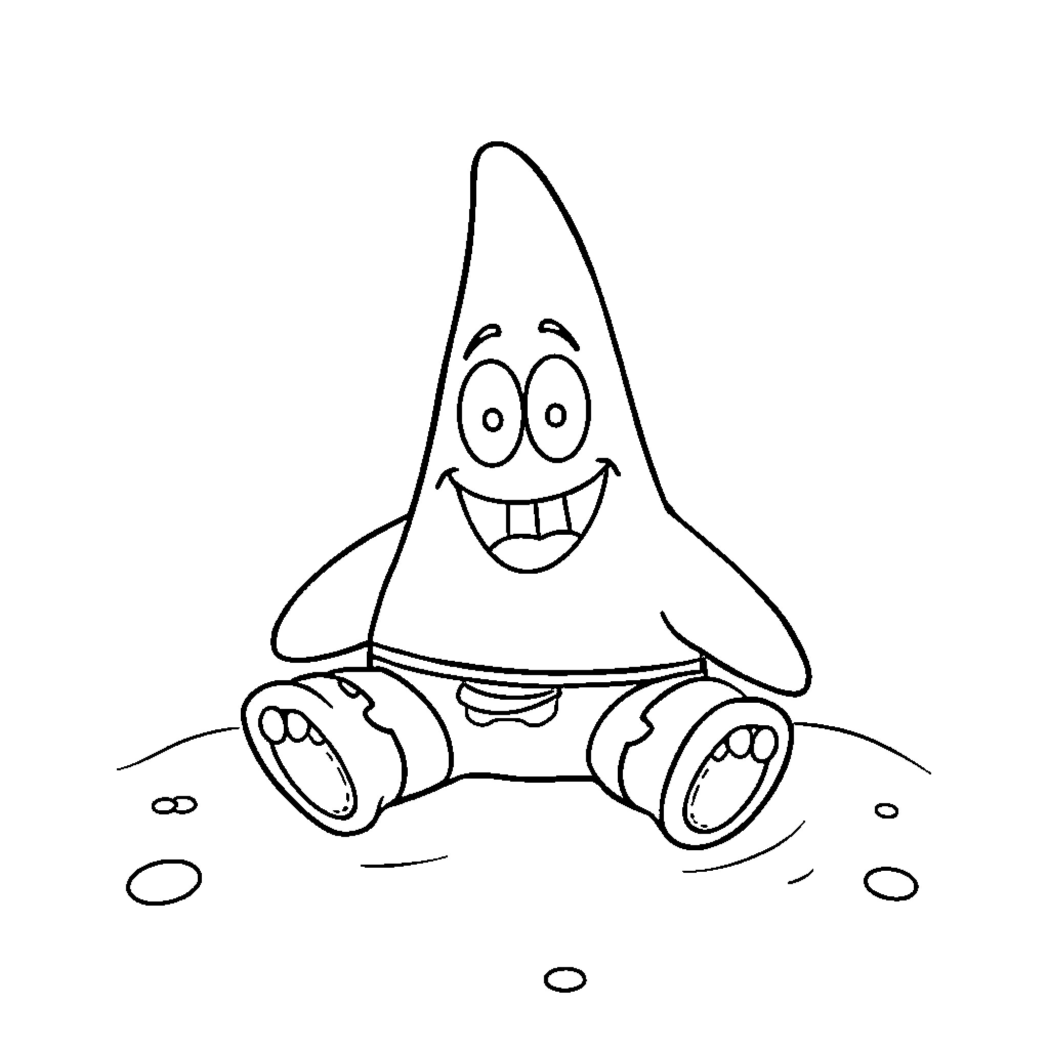 Patrick the cheerful character sitting on the ground Coloring Page (free black-and-white line drawing printable PDF for all, from beginners to advanced learners, including children, teens, adults, and seniors)