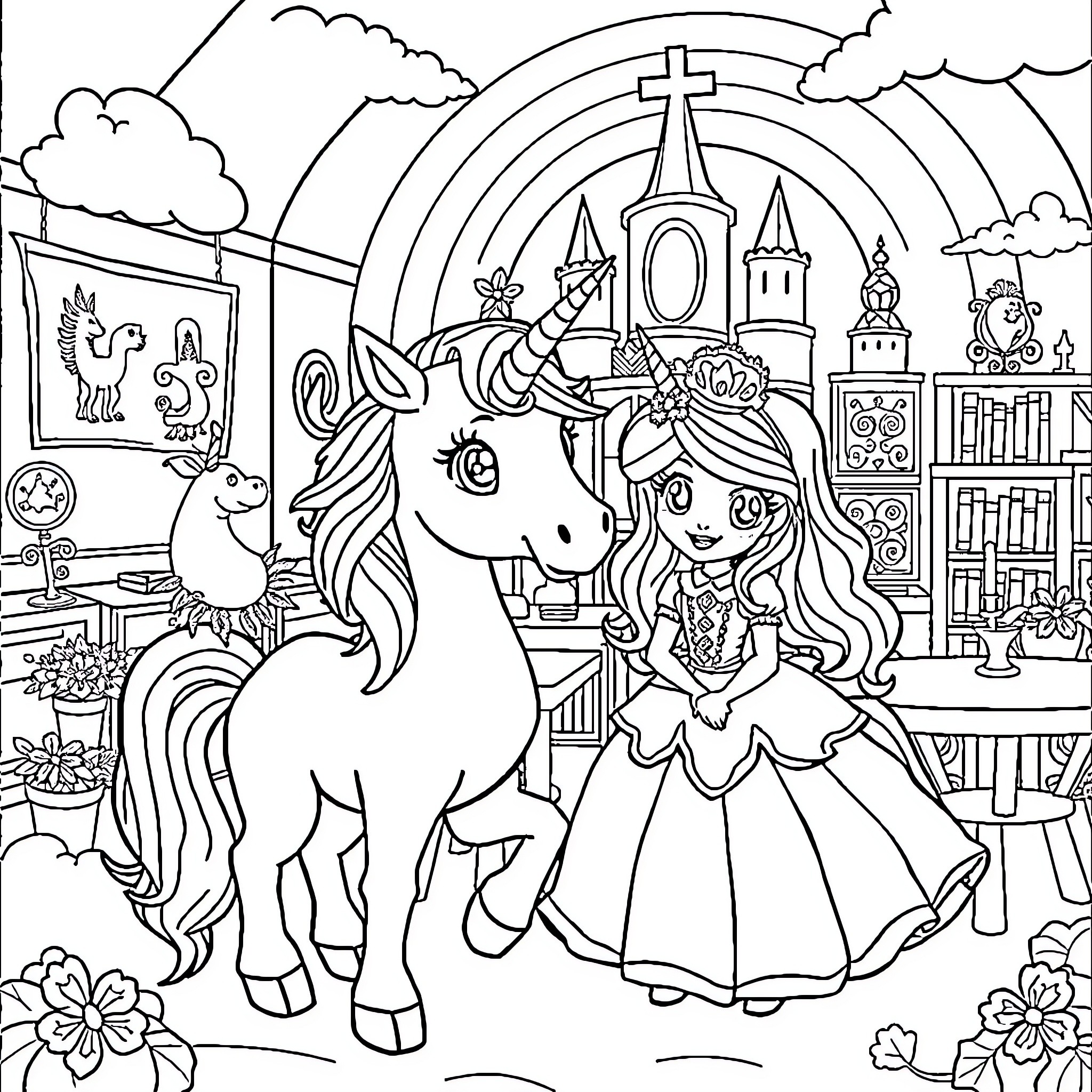 Bluey's Magical Adventure with Unicorn and Princess Coloring Page (free black-and-white line drawing printable PDF for all, from beginners to advanced learners, including children, teens, adults, and seniors)