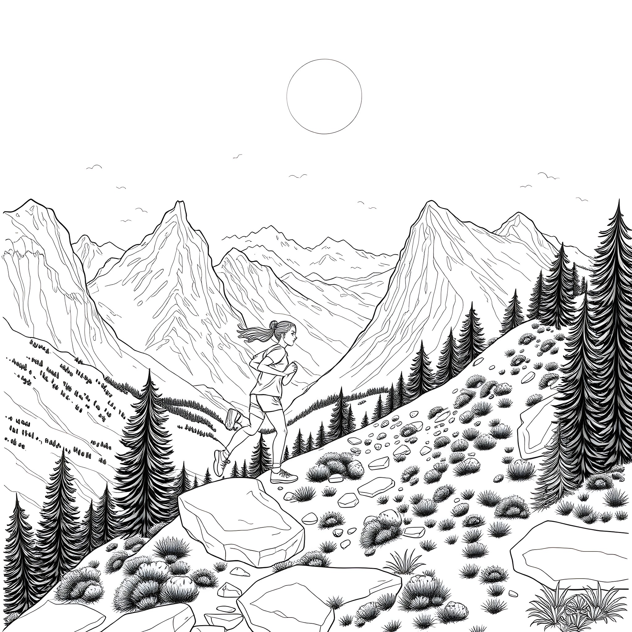 Kelly's Peaceful Mountain Hike Coloring Page (free black-and-white line drawing printable PDF for all, from beginners to advanced learners, including children, teens, adults, and seniors)