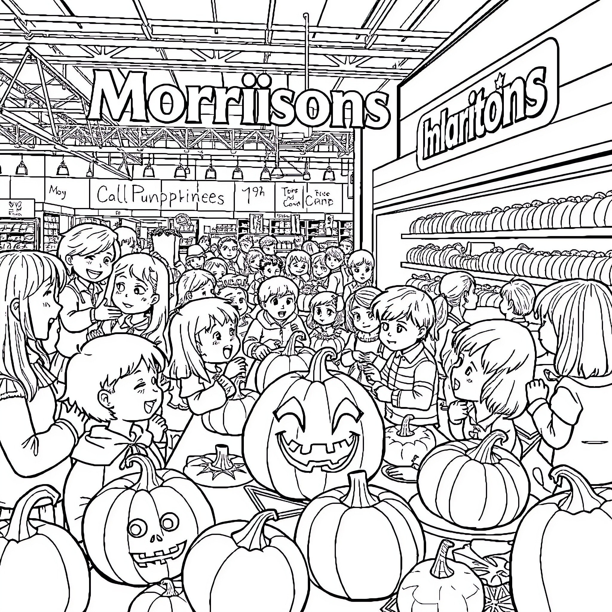 Pumpkin Halloween celebration in a busy supermarket Coloring Page (free black-and-white line drawing printable PDF for all, from beginners to advanced learners, including children, teens, adults, and seniors)