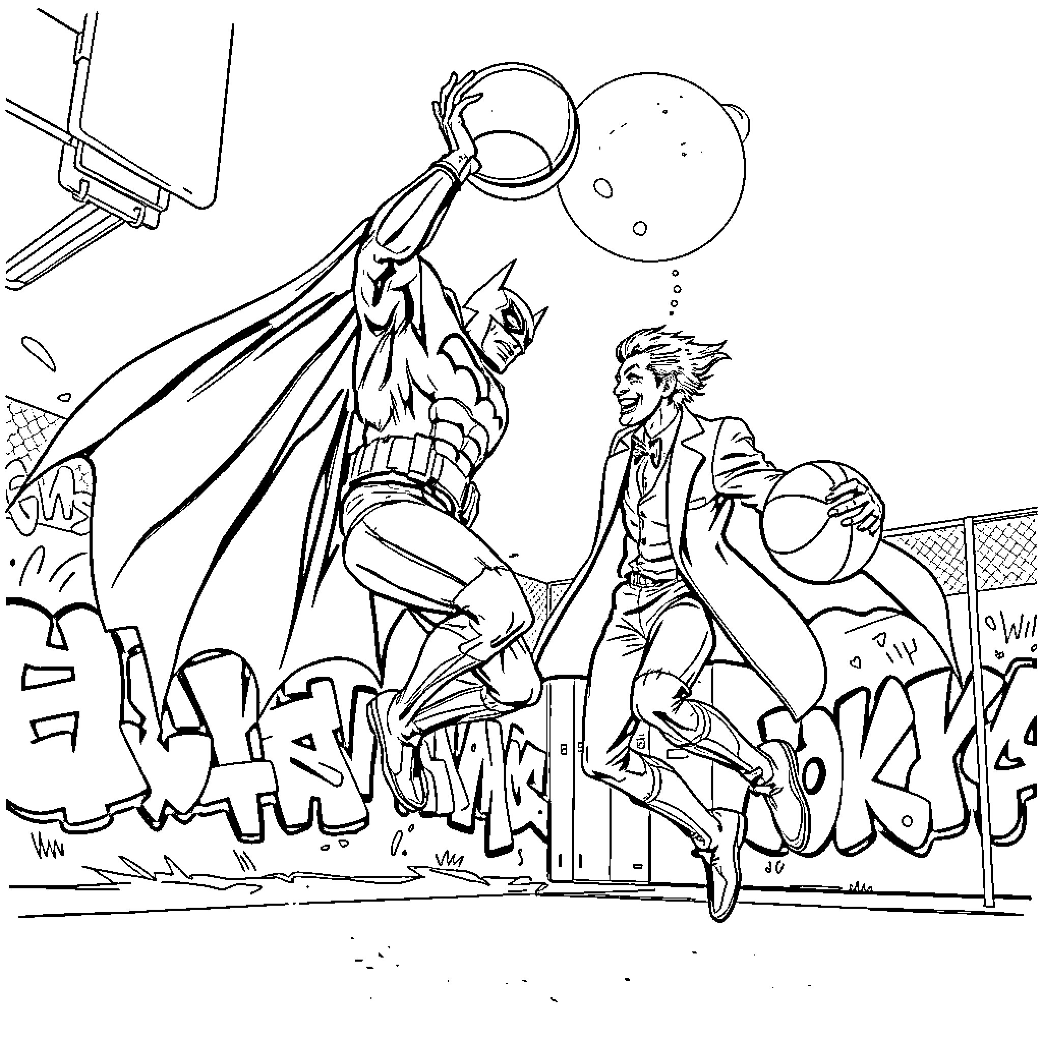 Batman battling against a determined foe in a chaotic scene Coloring Page (free black-and-white line drawing printable PDF for all, from beginners to advanced learners, including children, teens, adults, and seniors)