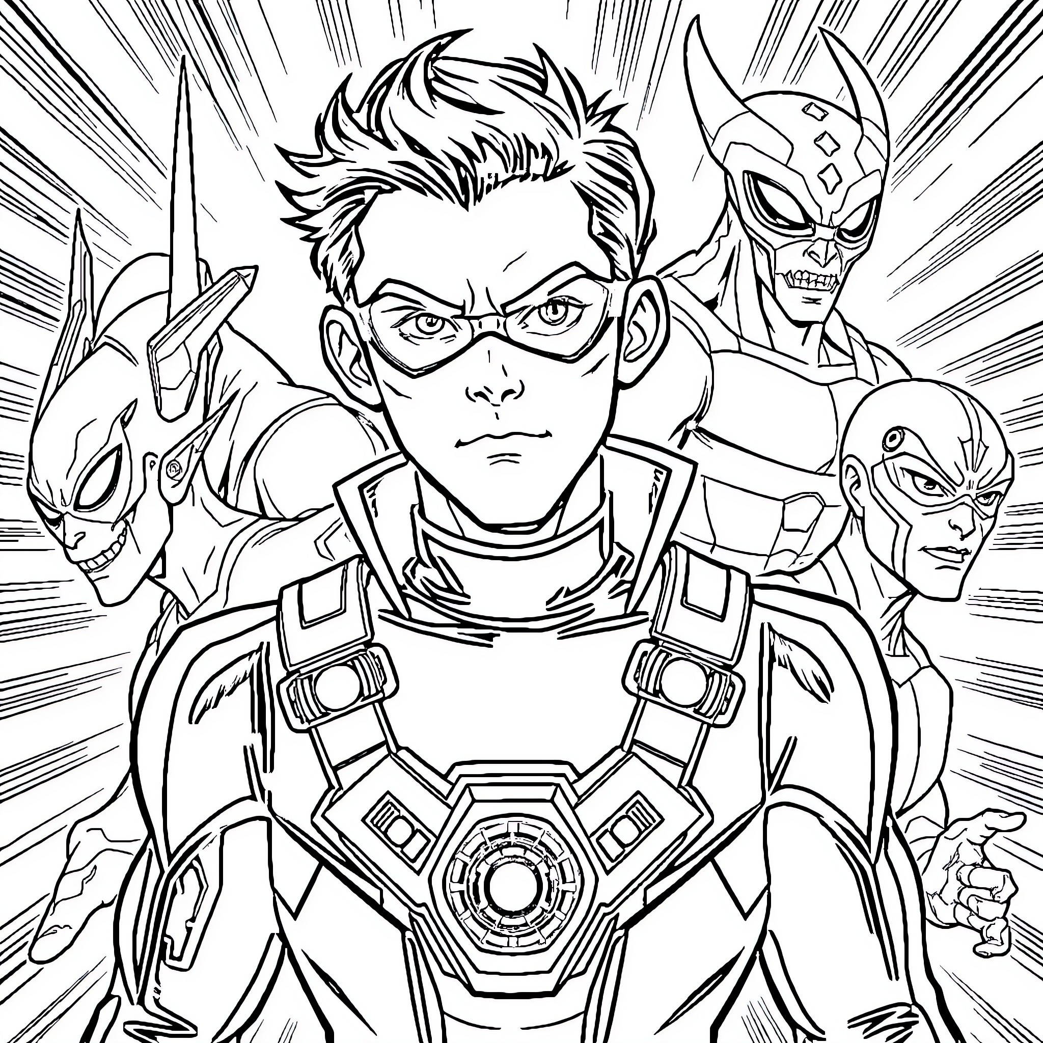 Ben 10 in heroic action with alien allies Coloring Page (free black-and-white line drawing printable PDF for all, from beginners to advanced learners, including children, teens, adults, and seniors)