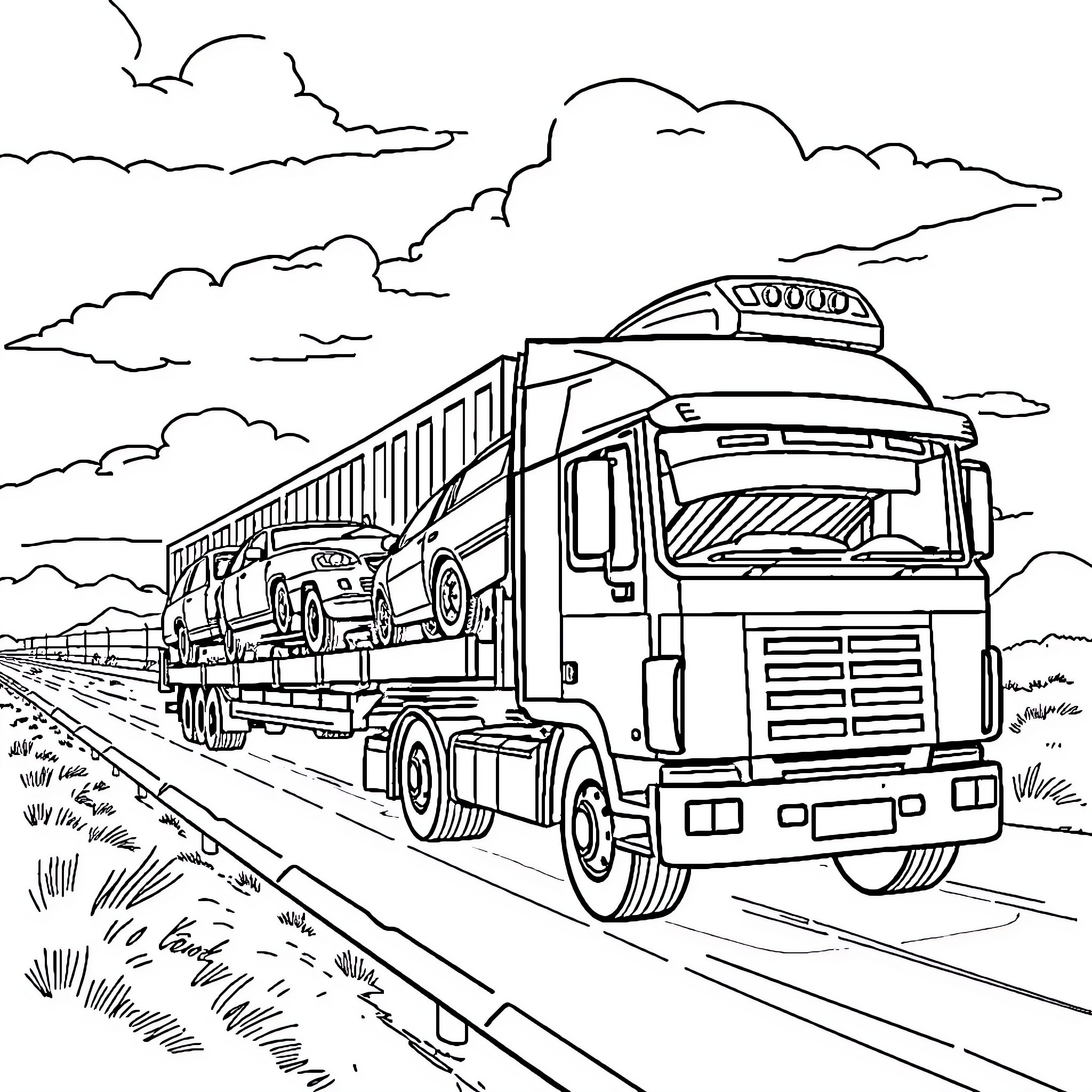 Camion hauling trailers on a rural road Coloring Page (free black-and-white line drawing printable PDF for all, from beginners to advanced learners, including children, teens, adults, and seniors)