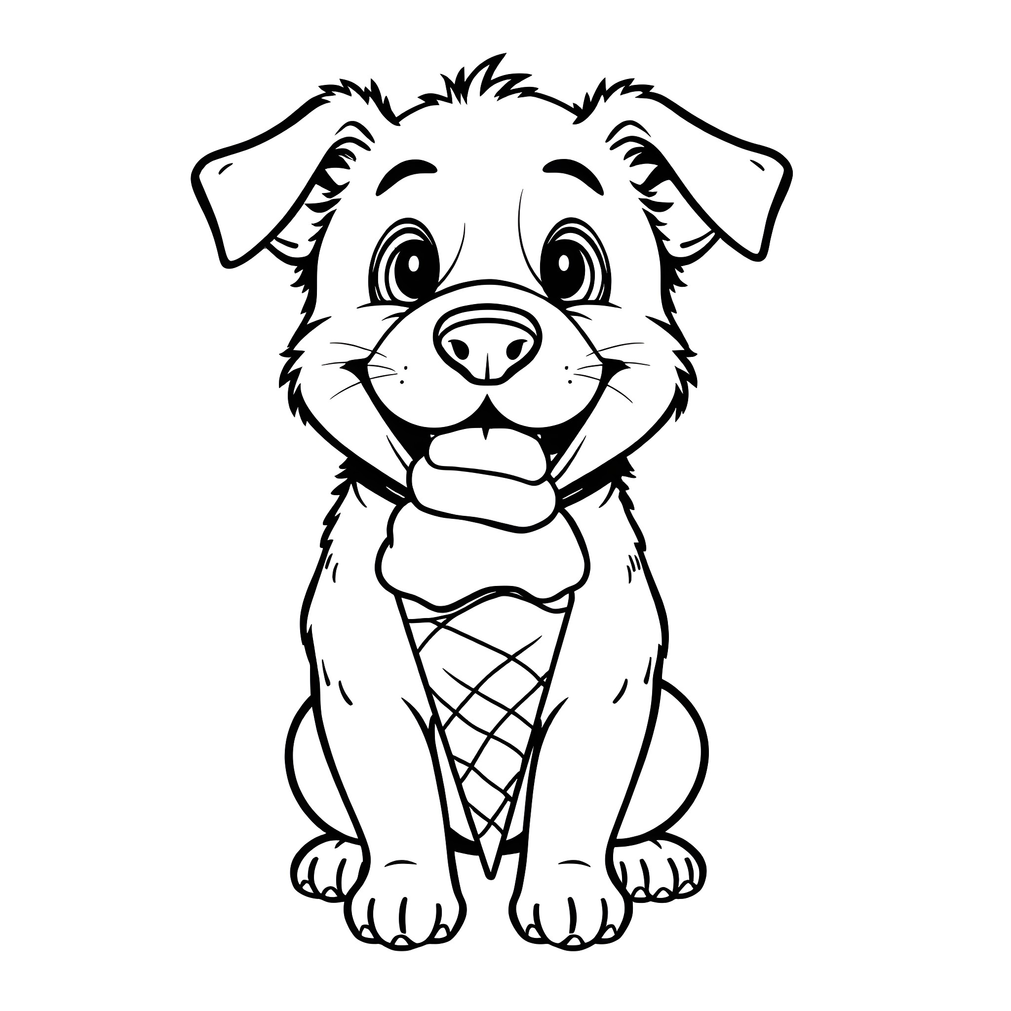 Dog Enjoying Ice Cream Cone Coloring Page (free black-and-white line drawing printable PDF for all, from beginners to advanced learners, including children, teens, adults, and seniors)