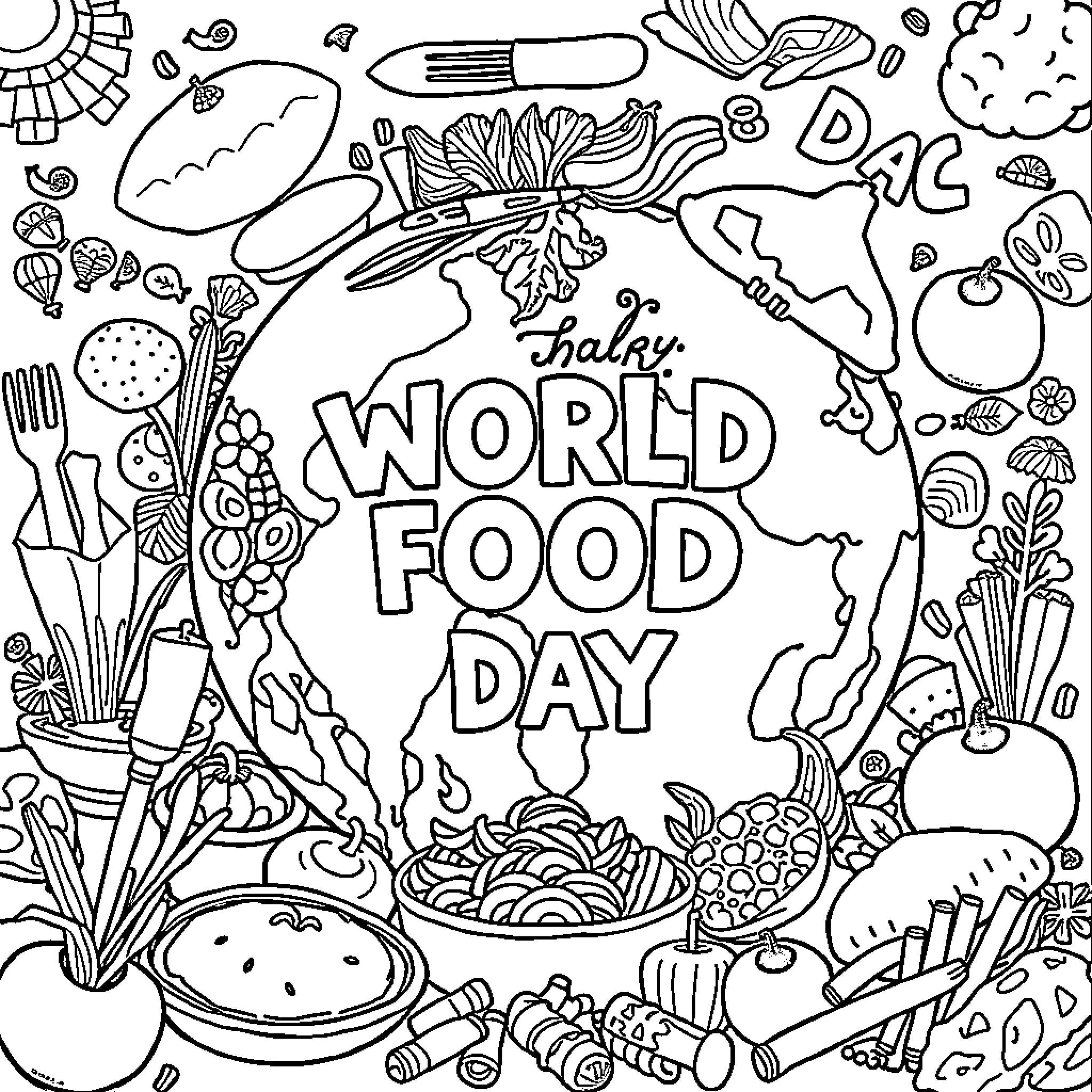 Food around the world on World Food Day Coloring Page (free black-and-white line drawing printable PDF for all, from beginners to advanced learners, including children, teens, adults, and seniors)