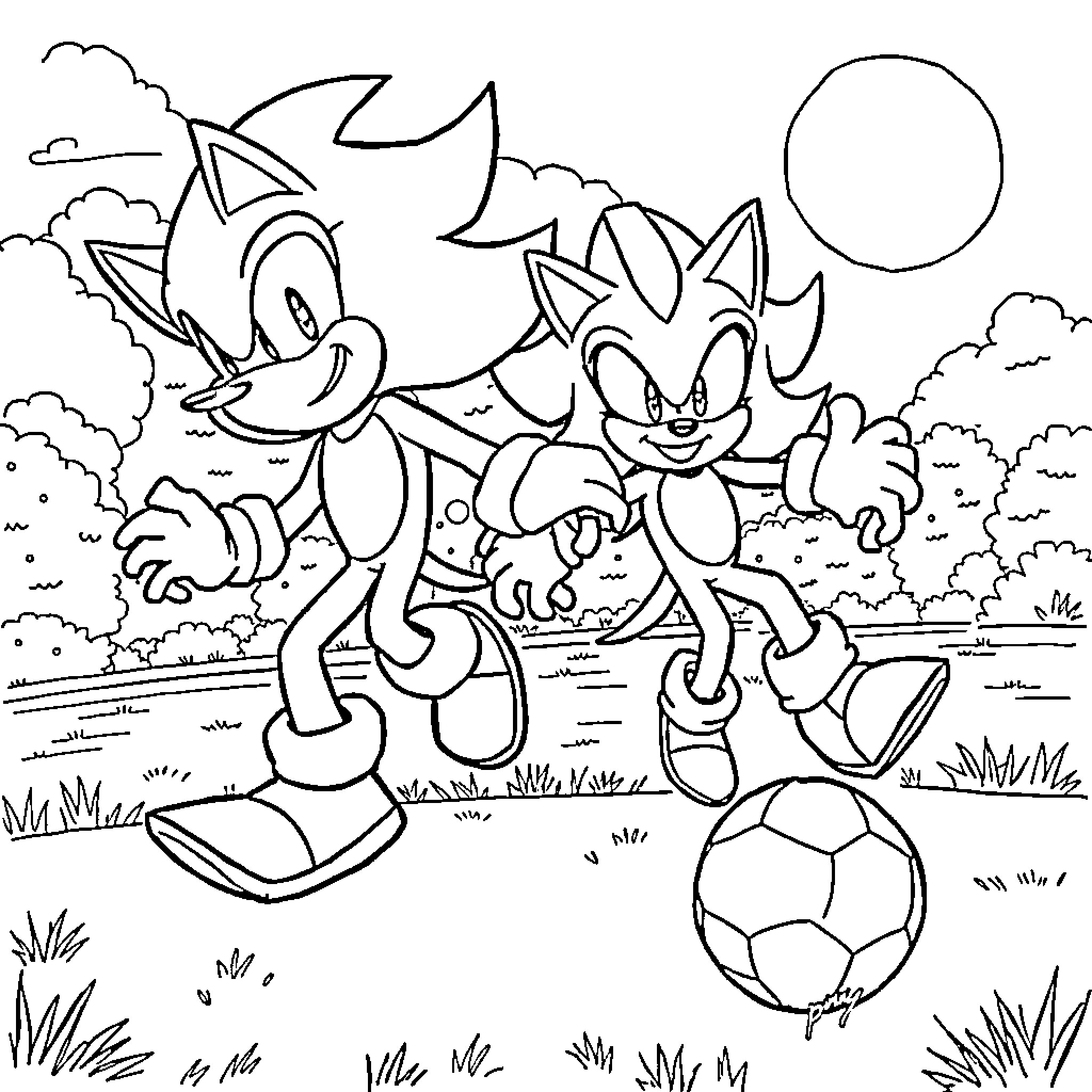 Sonic characters playing with a soccer ball Coloring Page (free black-and-white line drawing printable PDF for all, from beginners to advanced learners, including children, teens, adults, and seniors)
