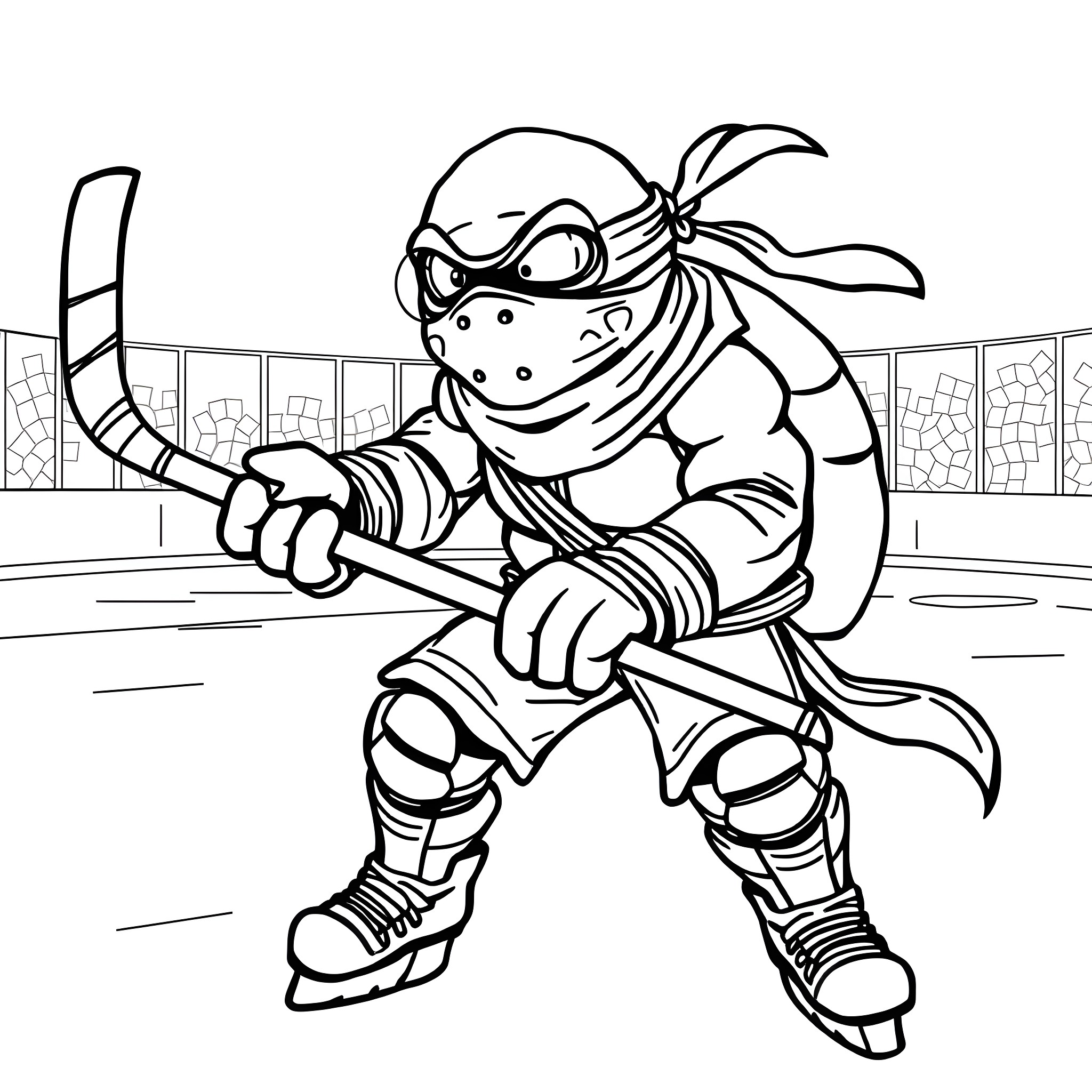 Ninja Turtle playing hockey on the rink Coloring Page (free black-and-white line drawing printable PDF for all, from beginners to advanced learners, including children, teens, adults, and seniors)