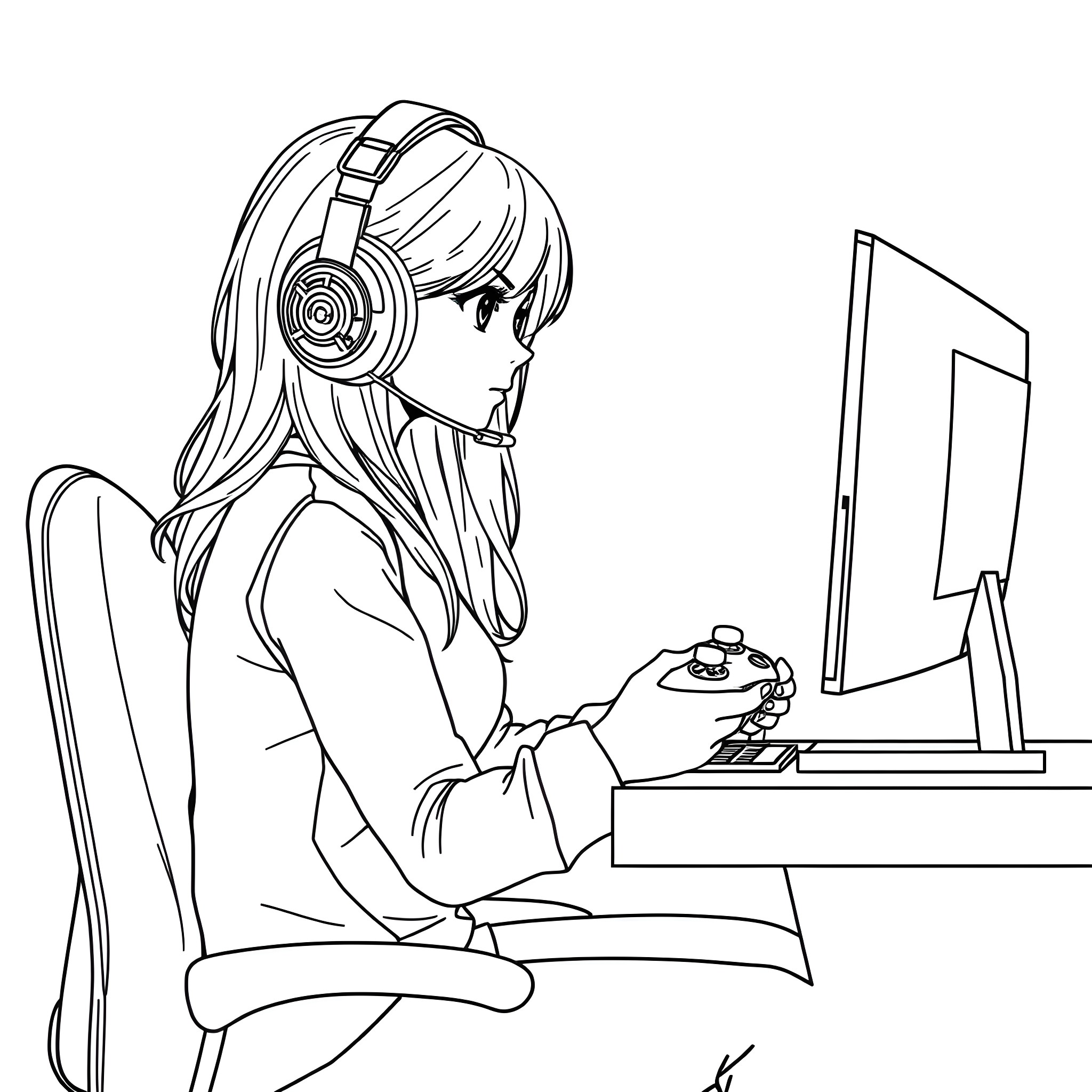 Gamer Girl Focused on Gaming with Headphones Coloring Page (free black-and-white line drawing printable PDF for all, from beginners to advanced learners, including children, teens, adults, and seniors)