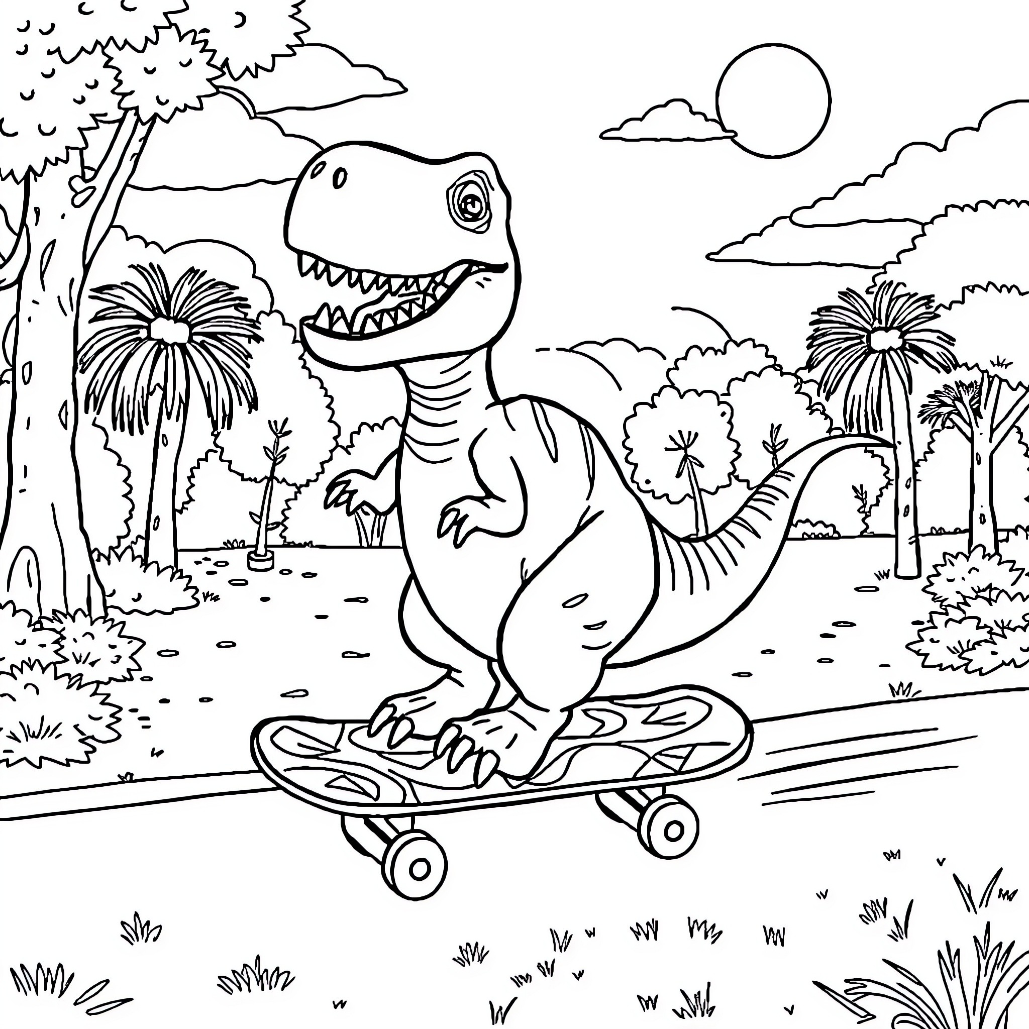 Dinosaur riding a skateboard in a tropical landscape Coloring Page (free black-and-white line drawing printable PDF for all, from beginners to advanced learners, including children, teens, adults, and seniors)
