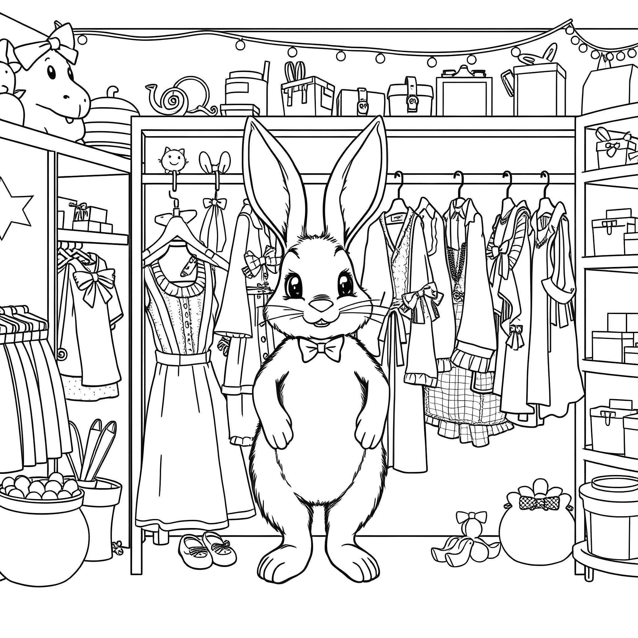 Bunny standing in front of a wardrobe full of clothes Coloring Page (free black-and-white line drawing printable PDF for all, from beginners to advanced learners, including children, teens, adults, and seniors)