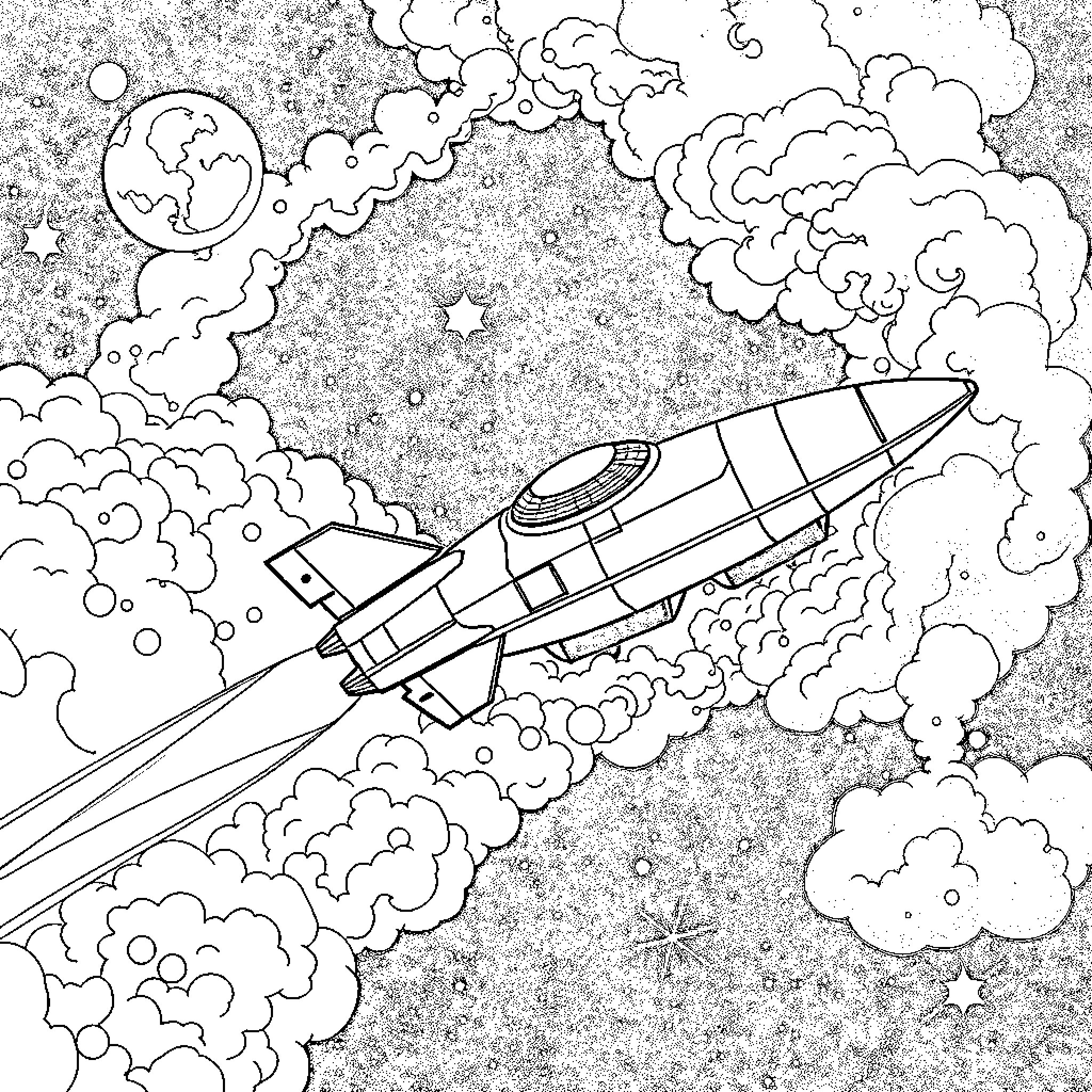 Space Ship soaring through the cosmic clouds Coloring Page (free black-and-white line drawing printable PDF for all, from beginners to advanced learners, including children, teens, adults, and seniors)