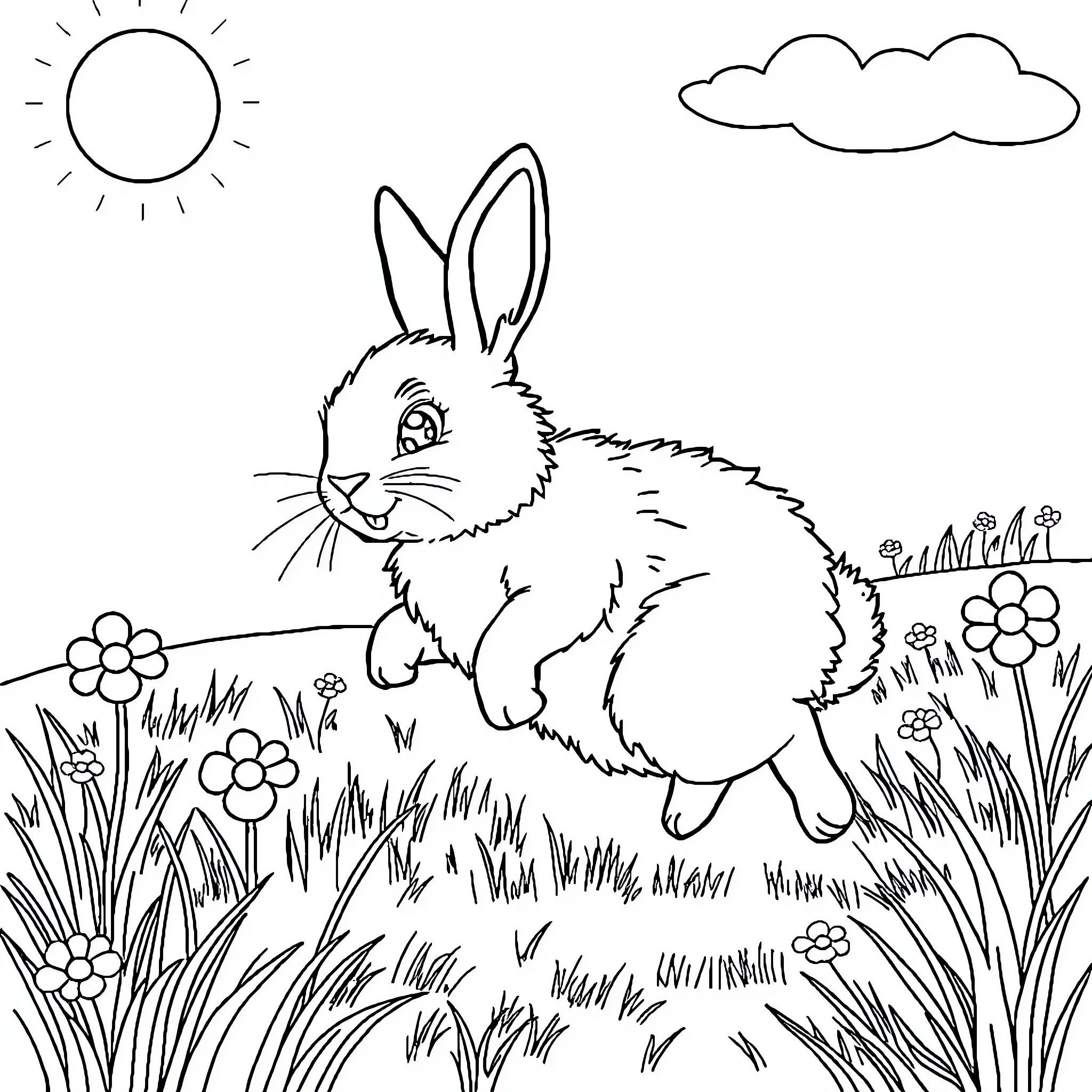 Bunny exploring a lush garden Coloring Page (free black-and-white line drawing printable PDF for all, from beginners to advanced learners, including children, teens, adults, and seniors)