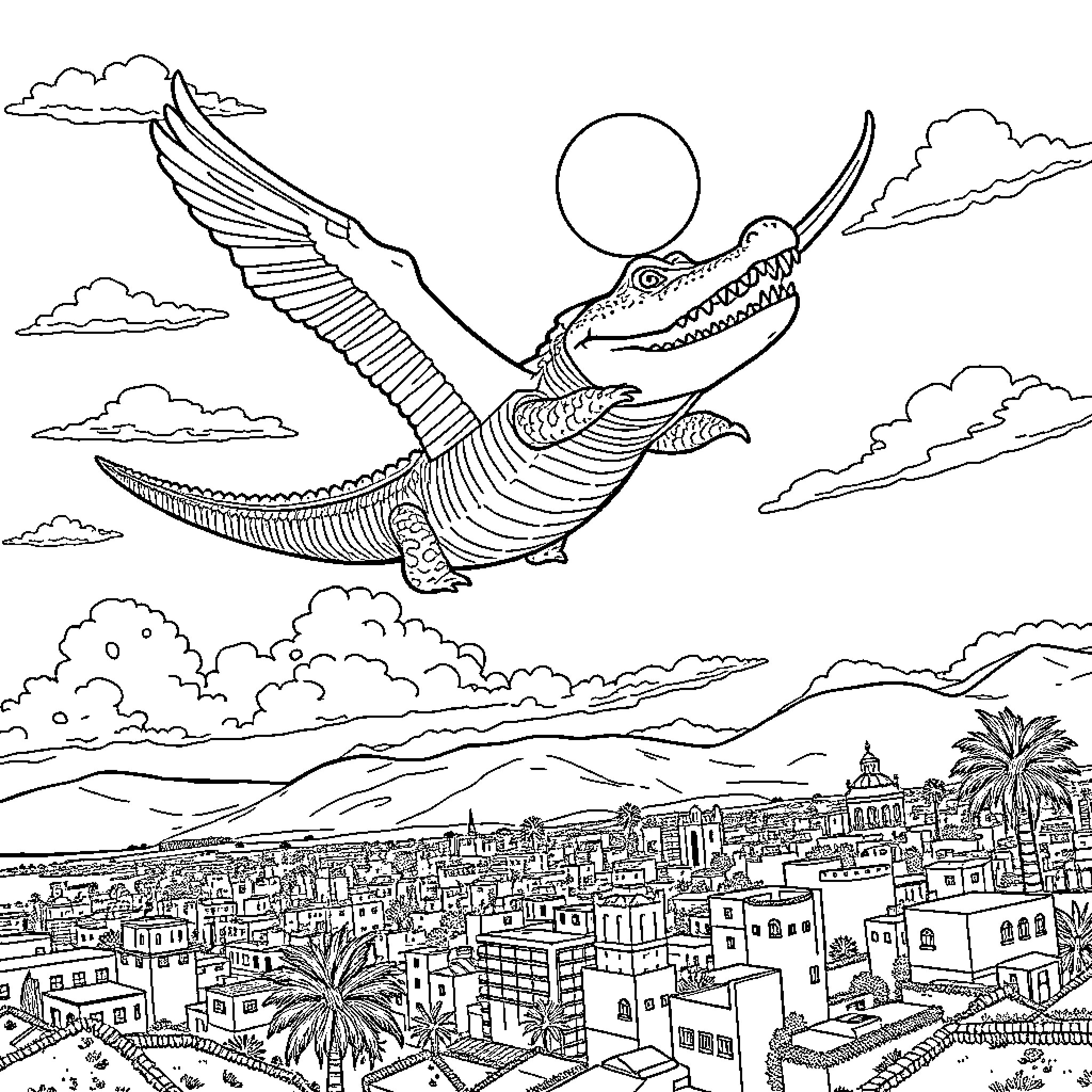 Crocodile soaring over cityscape in the sky Coloring Page (free black-and-white line drawing printable PDF for all, from beginners to advanced learners, including children, teens, adults, and seniors)