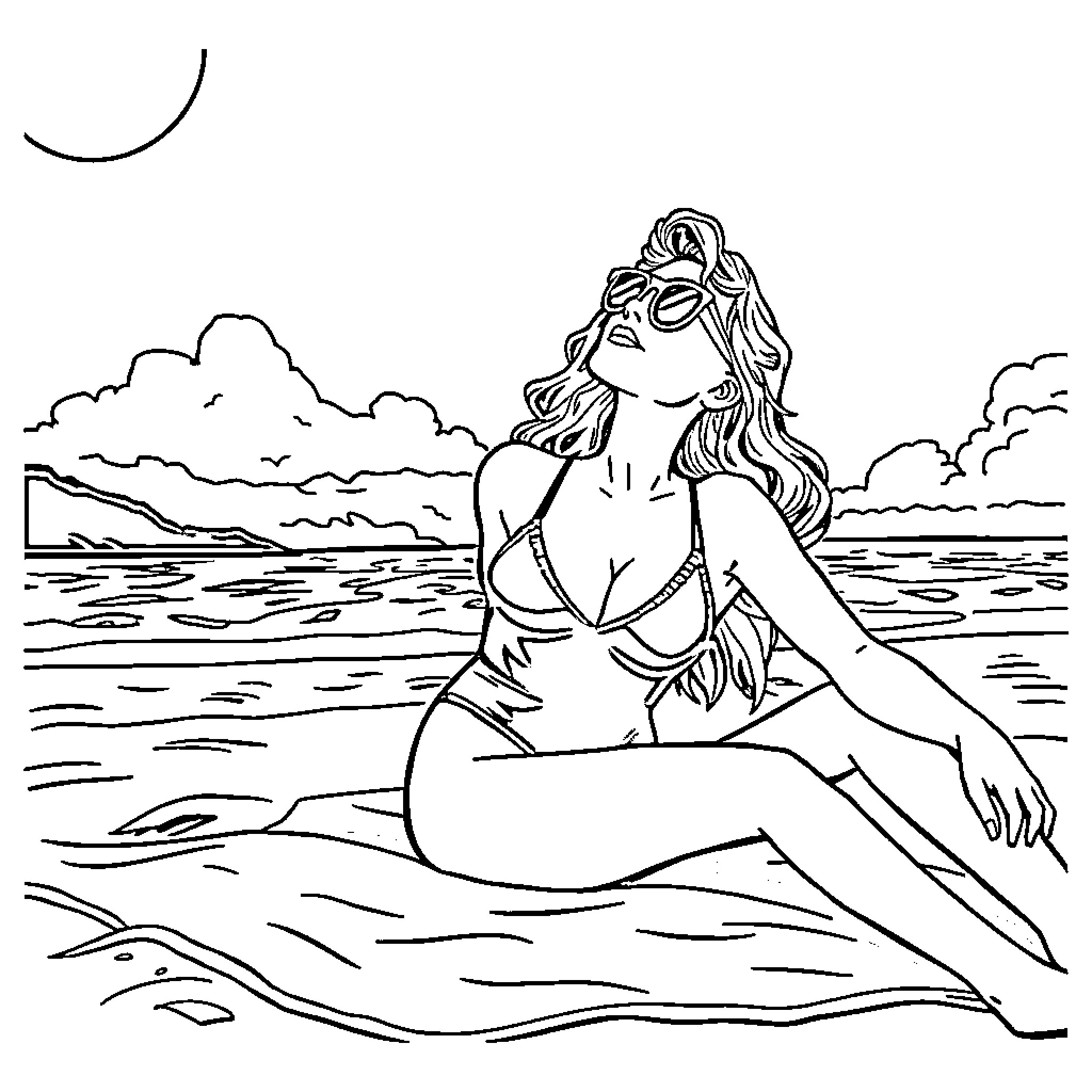 Sydney Sweeney enjoying a serene beach moment Coloring Page (free black-and-white line drawing printable PDF for all, from beginners to advanced learners, including children, teens, adults, and seniors)
