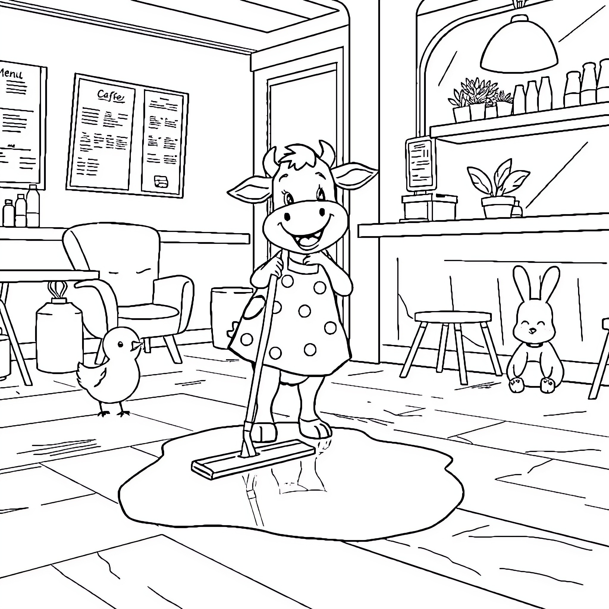 Cow cleaning the floor in a cozy café Coloring Page (free black-and-white line drawing printable PDF for all, from beginners to advanced learners, including children, teens, adults, and seniors)