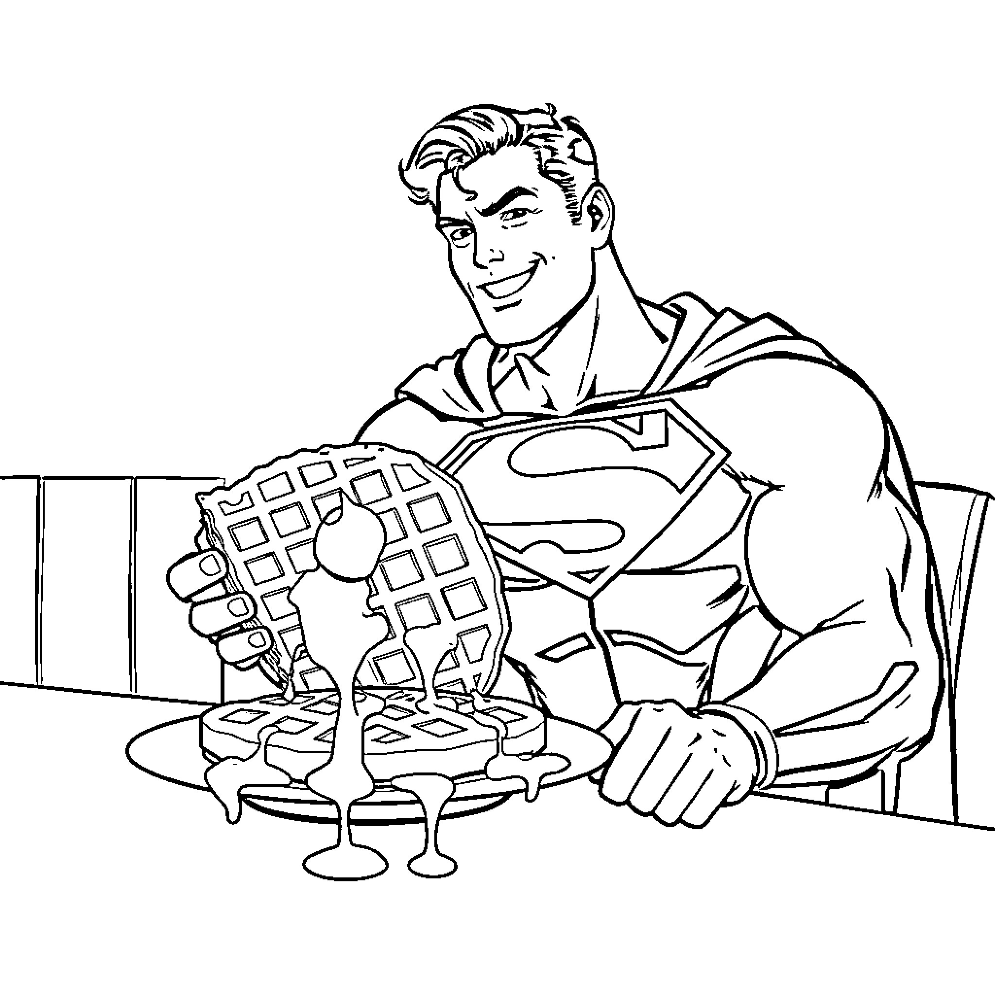 Superman Enjoying a Hearty Meal Coloring Page (free black-and-white line drawing printable PDF for all, from beginners to advanced learners, including children, teens, adults, and seniors)