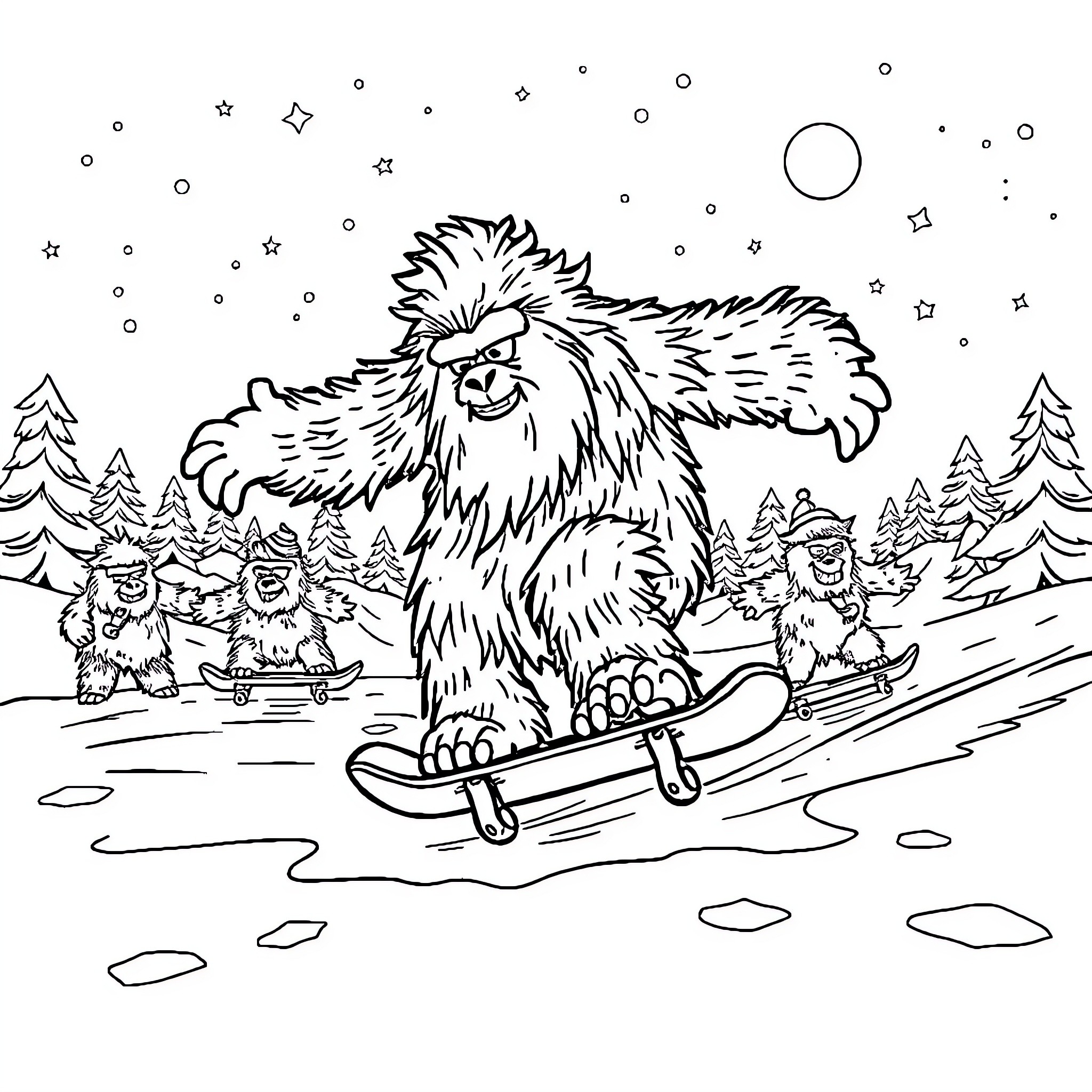 Yeti Snowboarding with Furry Friends in the Snowy Landscape Coloring Page (free black-and-white line drawing printable PDF for all, from beginners to advanced learners, including children, teens, adults, and seniors)