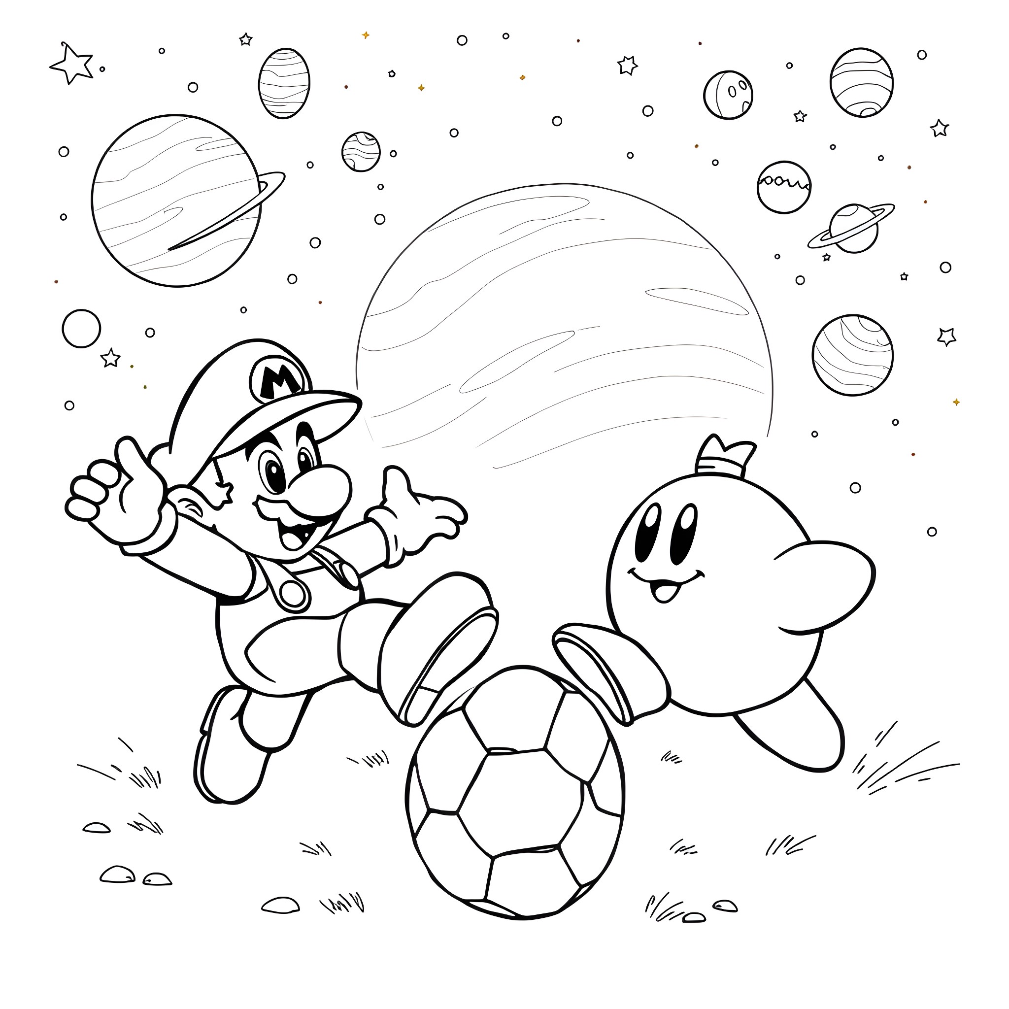 Super Mario and Kirby exploring the cosmic universe Coloring Page (free black-and-white line drawing printable PDF for all, from beginners to advanced learners, including children, teens, adults, and seniors)