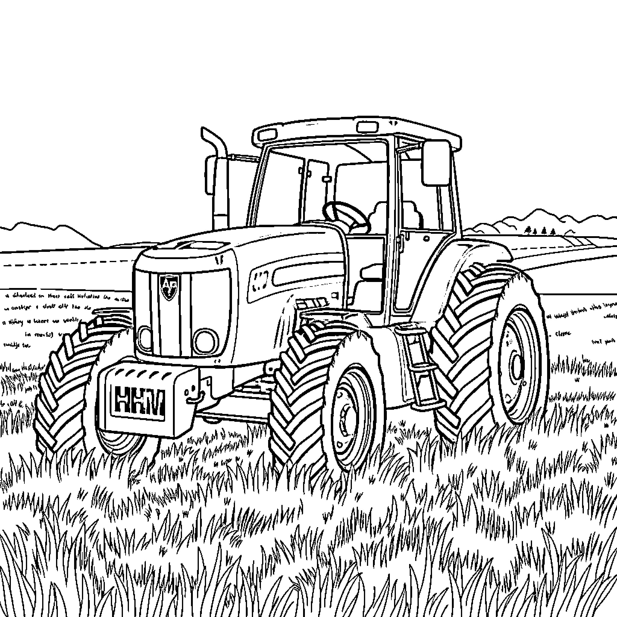Tractor working in the grassy field Coloring Page (free black-and-white line drawing printable PDF for all, from beginners to advanced learners, including children, teens, adults, and seniors)