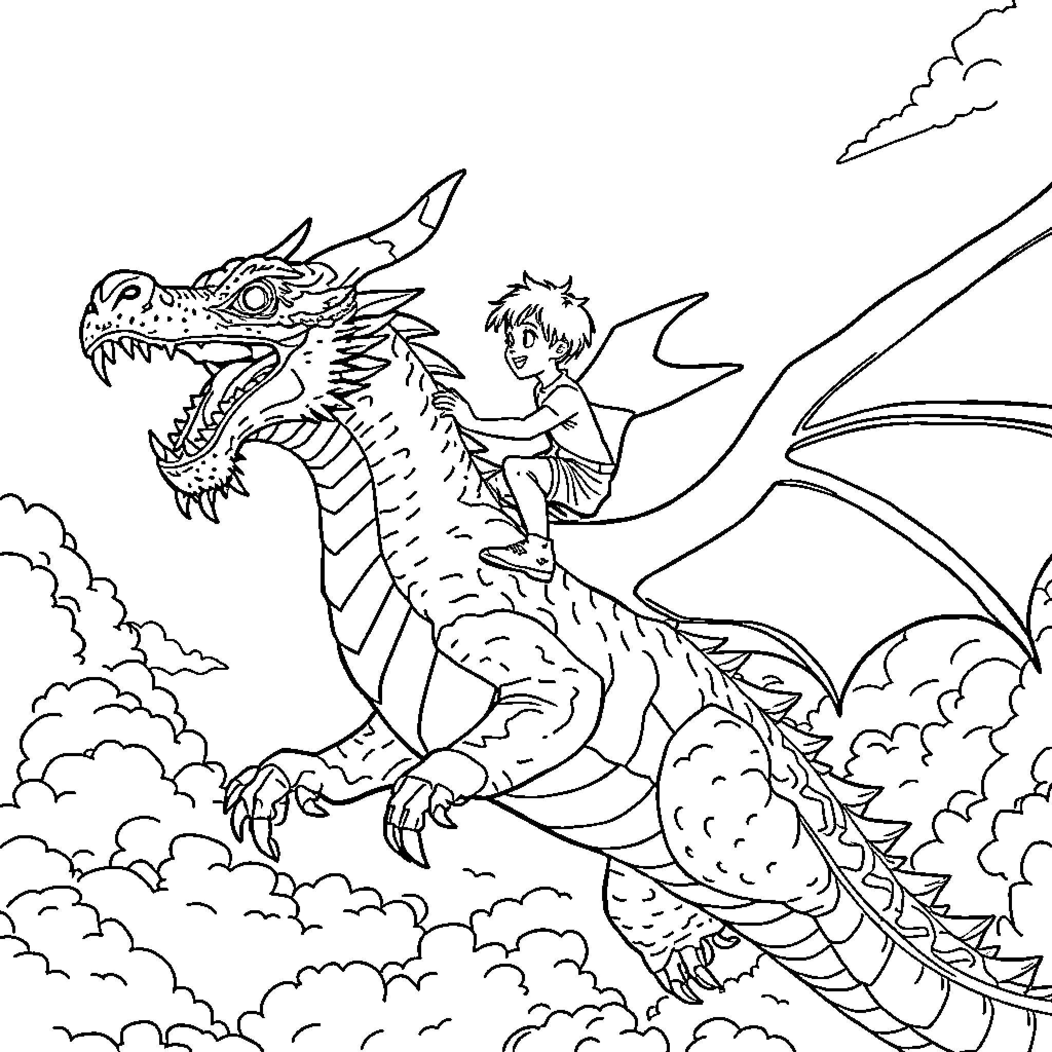 Boy riding a majestic dragon in the sky Coloring Page (free black-and-white line drawing printable PDF for all, from beginners to advanced learners, including children, teens, adults, and seniors)