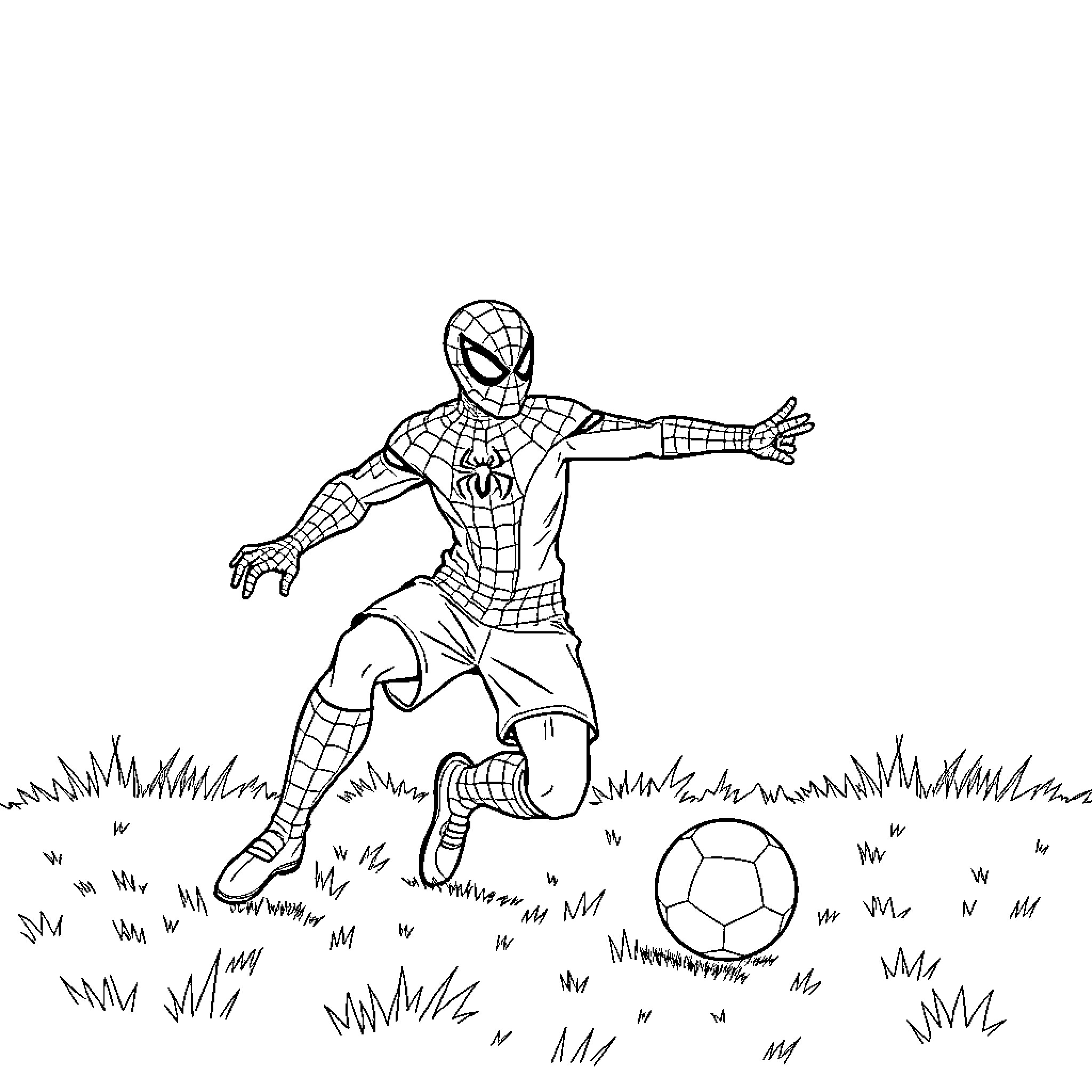 Spider-Man playing soccer in a grassy field Coloring Page (free black-and-white line drawing printable PDF for all, from beginners to advanced learners, including children, teens, adults, and seniors)