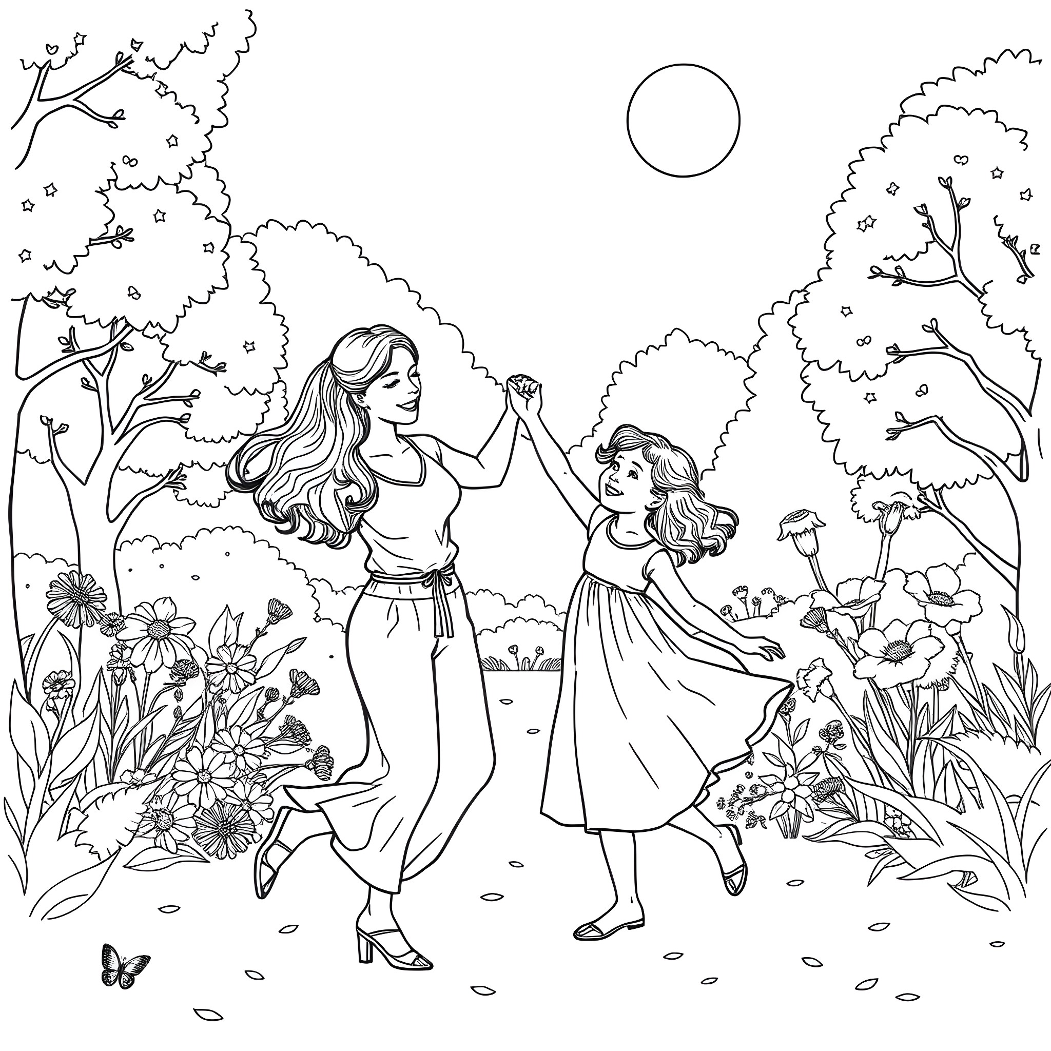 Mother and daughter playing joyfully in the garden Coloring Page (free black-and-white line drawing printable PDF for all, from beginners to advanced learners, including children, teens, adults, and seniors)